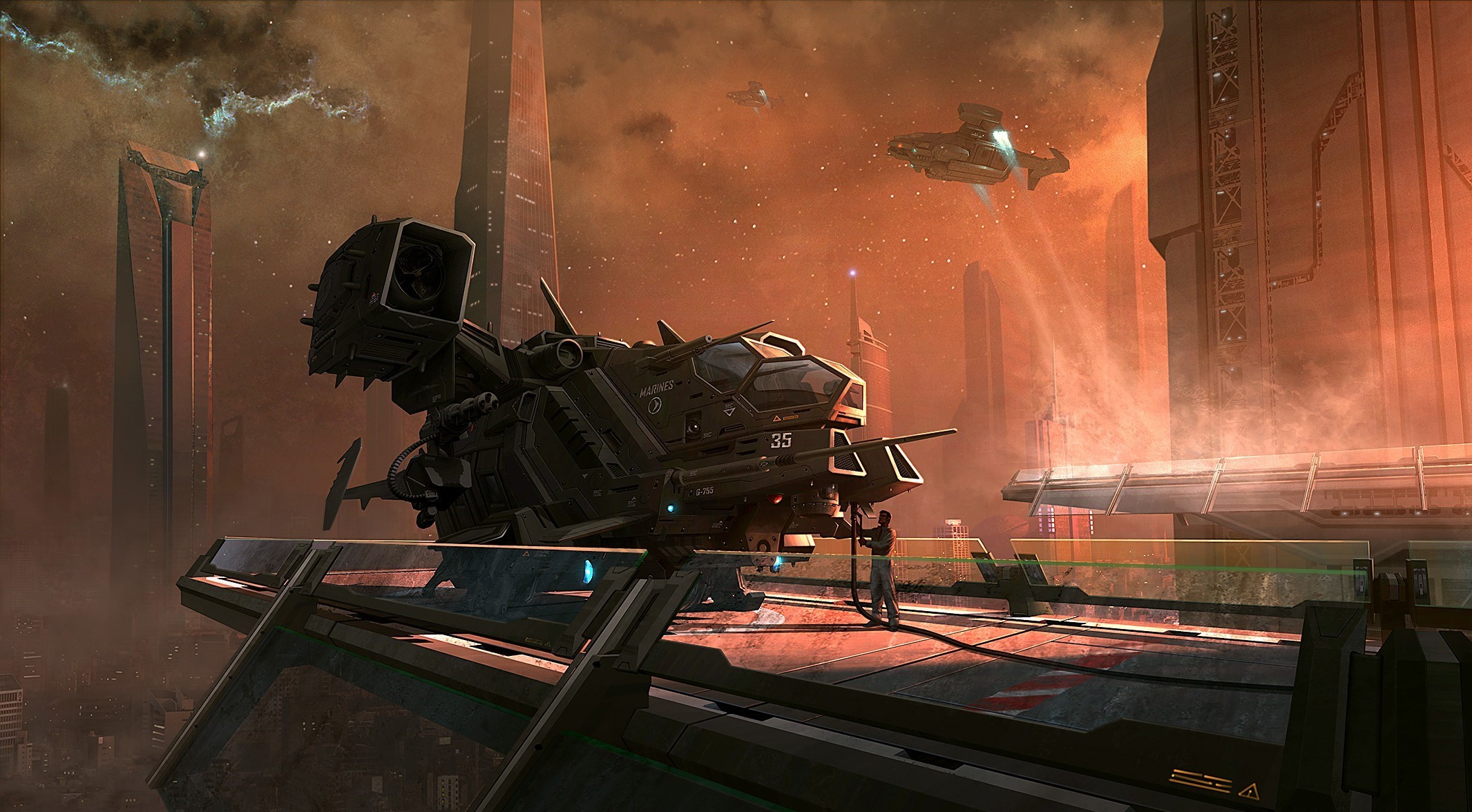 Futuristic aircraft on a landing platform in a sci-fi city HD Wallpaper