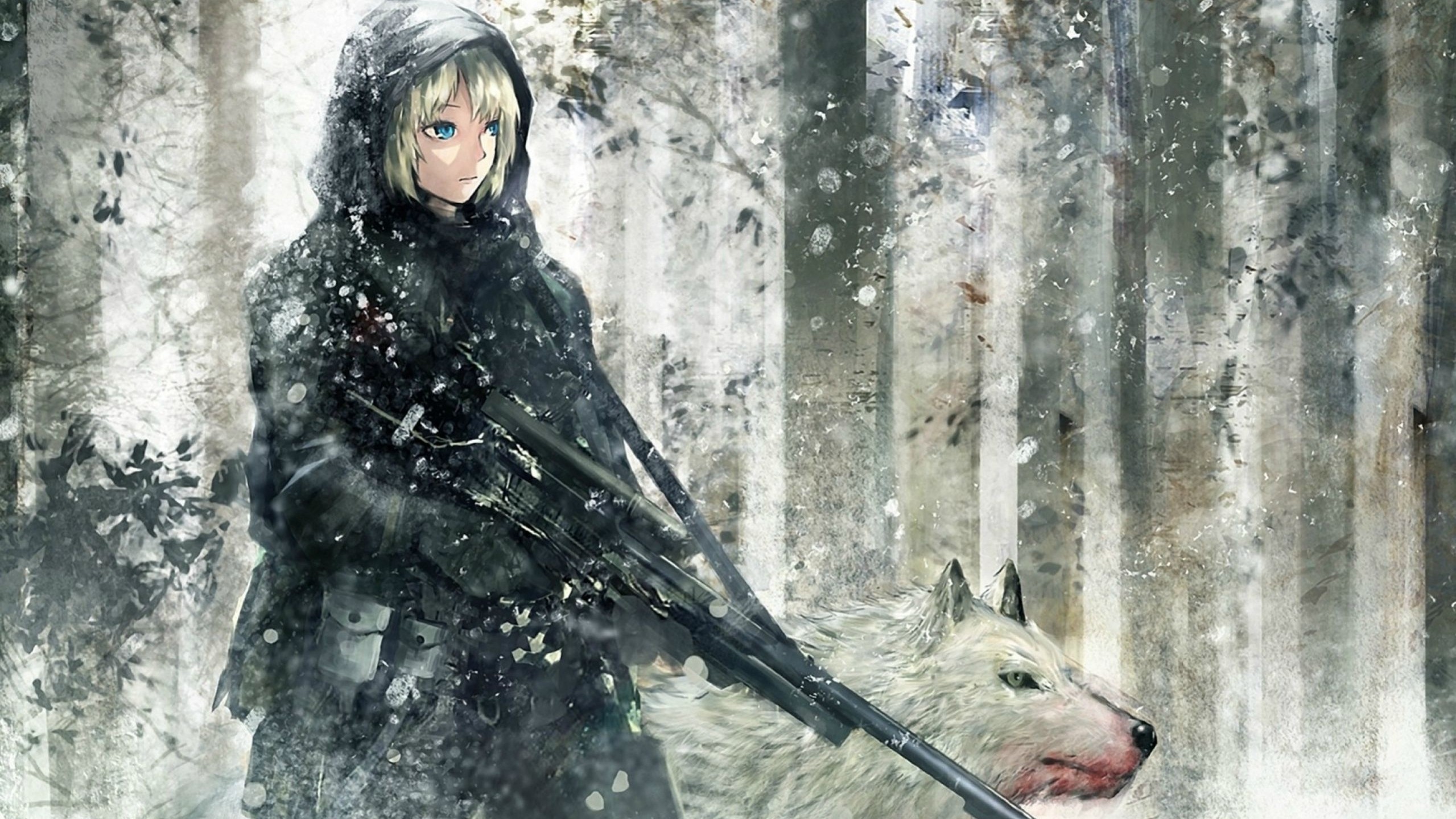 Anime girl with wolf and machine gun in snow HD Wallpaper
