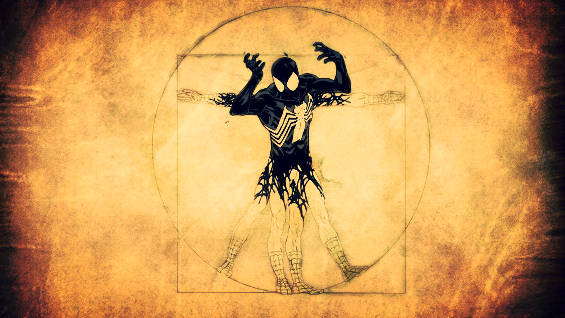 Black Suited Spider-Man in Vitruvian Man pose HD Wallpaper