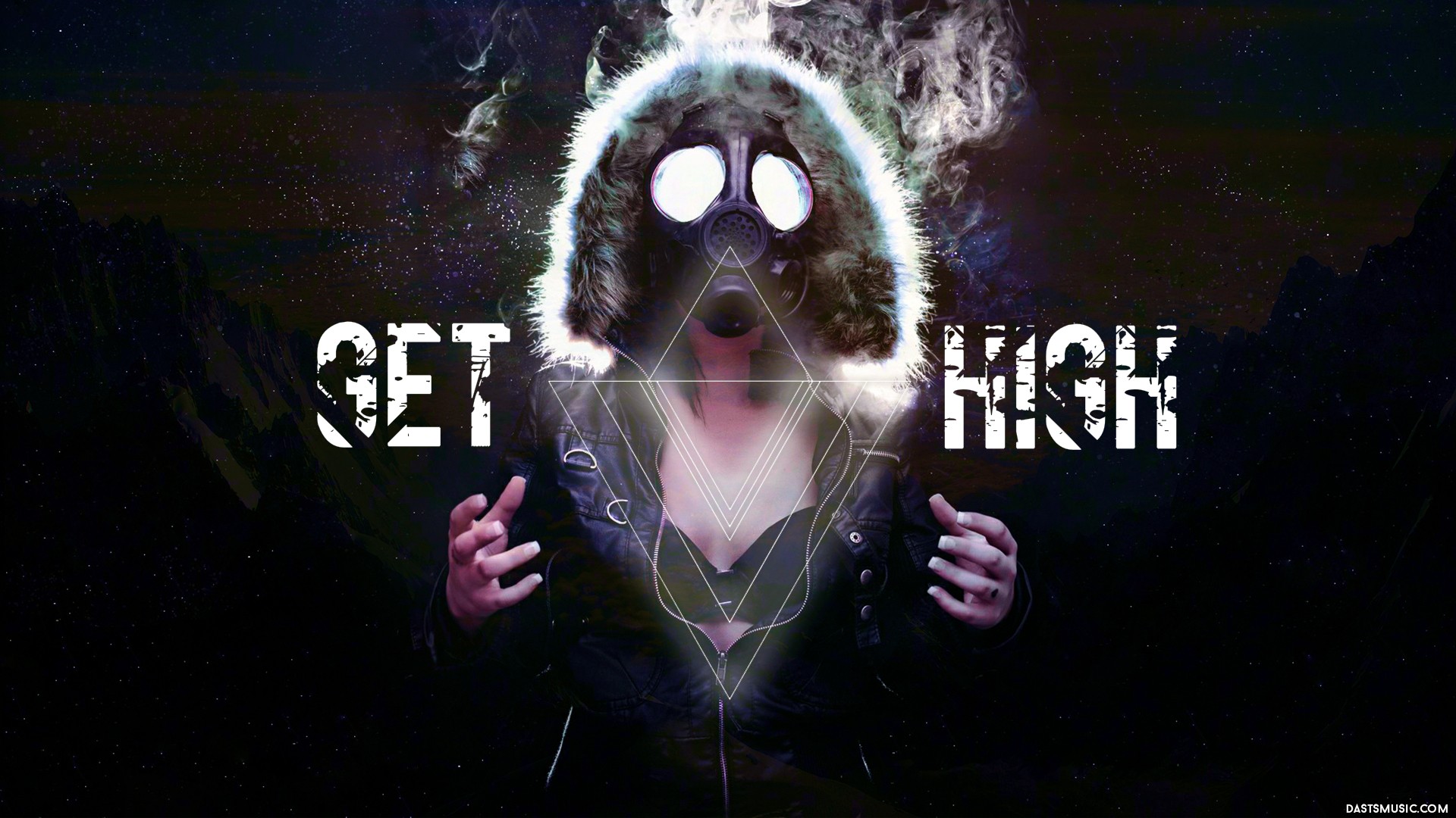 Woman in gas mask with "GET HIGH" text HD Wallpaper