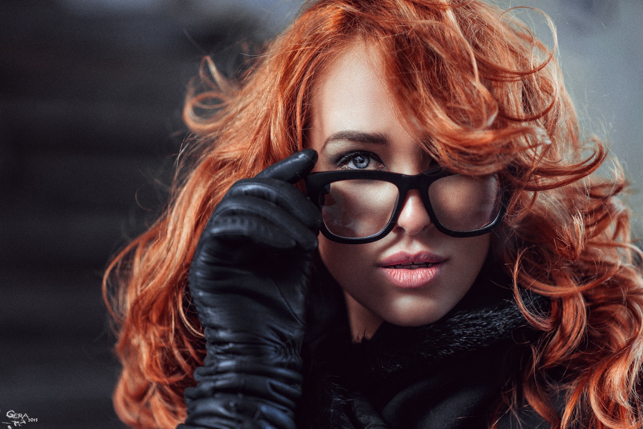 Woman with red hair and glasses wearing black gloves HD Wallpaper