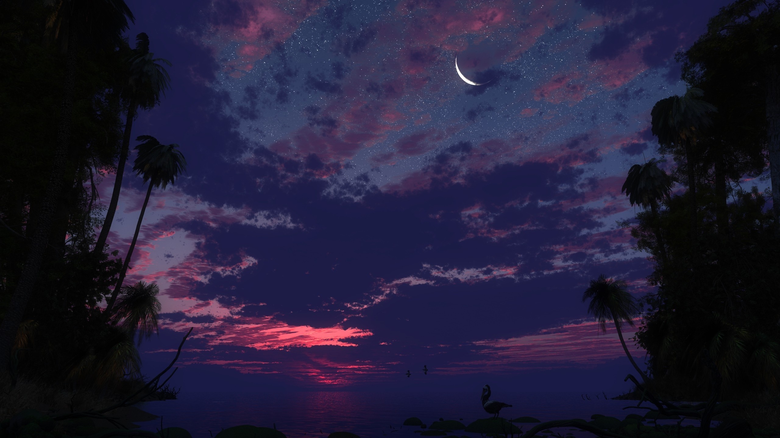 Tropical island beach at sunset with crescent moon and stars HD Wallpaper