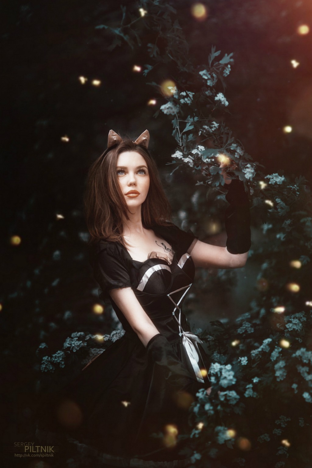 Woman with cat ears in a dark forest with lights HD Wallpaper