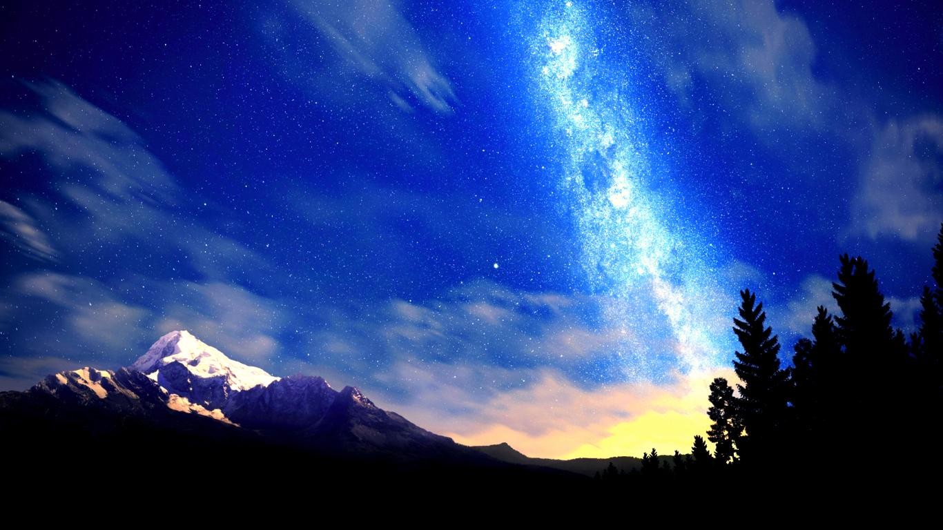 Milky Way over snow-capped mountains and pine trees HD Wallpaper