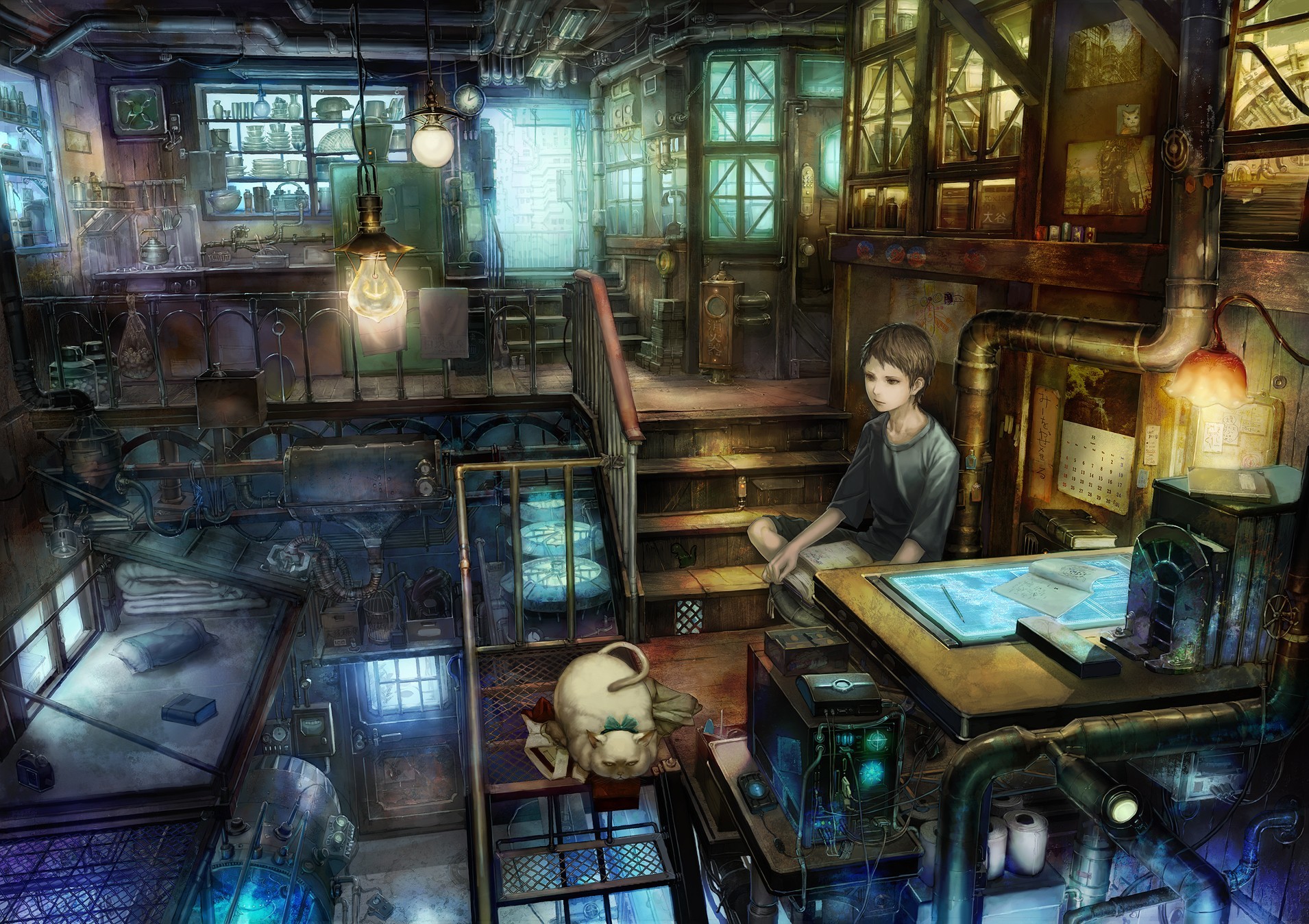 Young boy in a cluttered workshop with blueprints HD Wallpaper