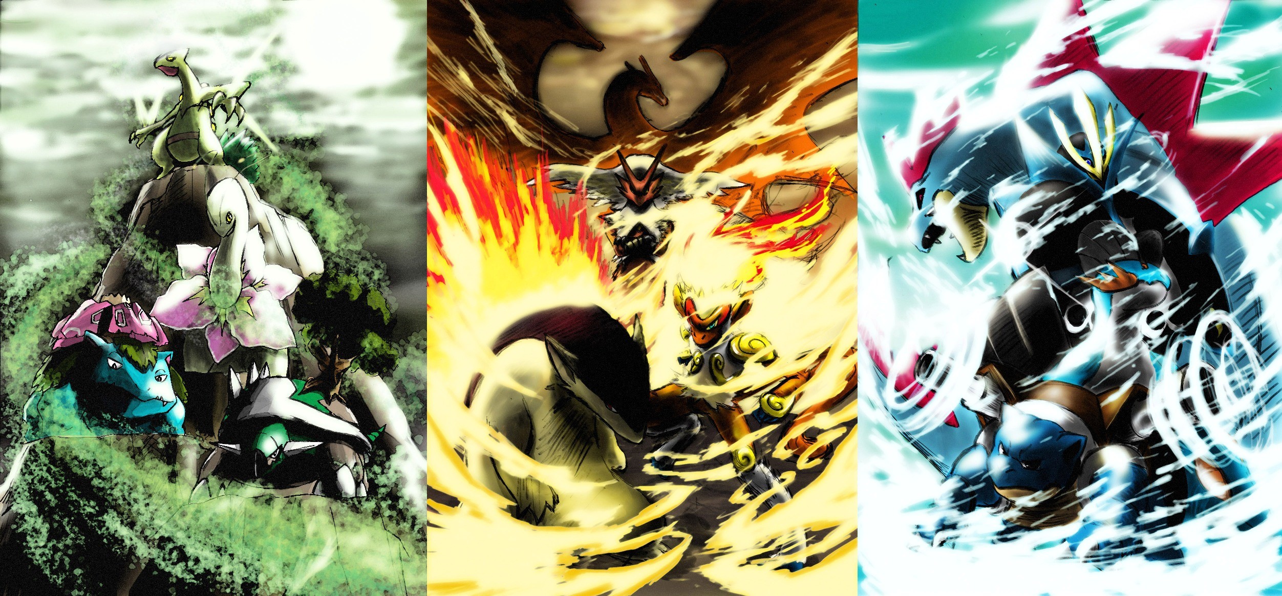Pokémon: Venusaur, Charizard, and Blastoise battle HD Wallpaper