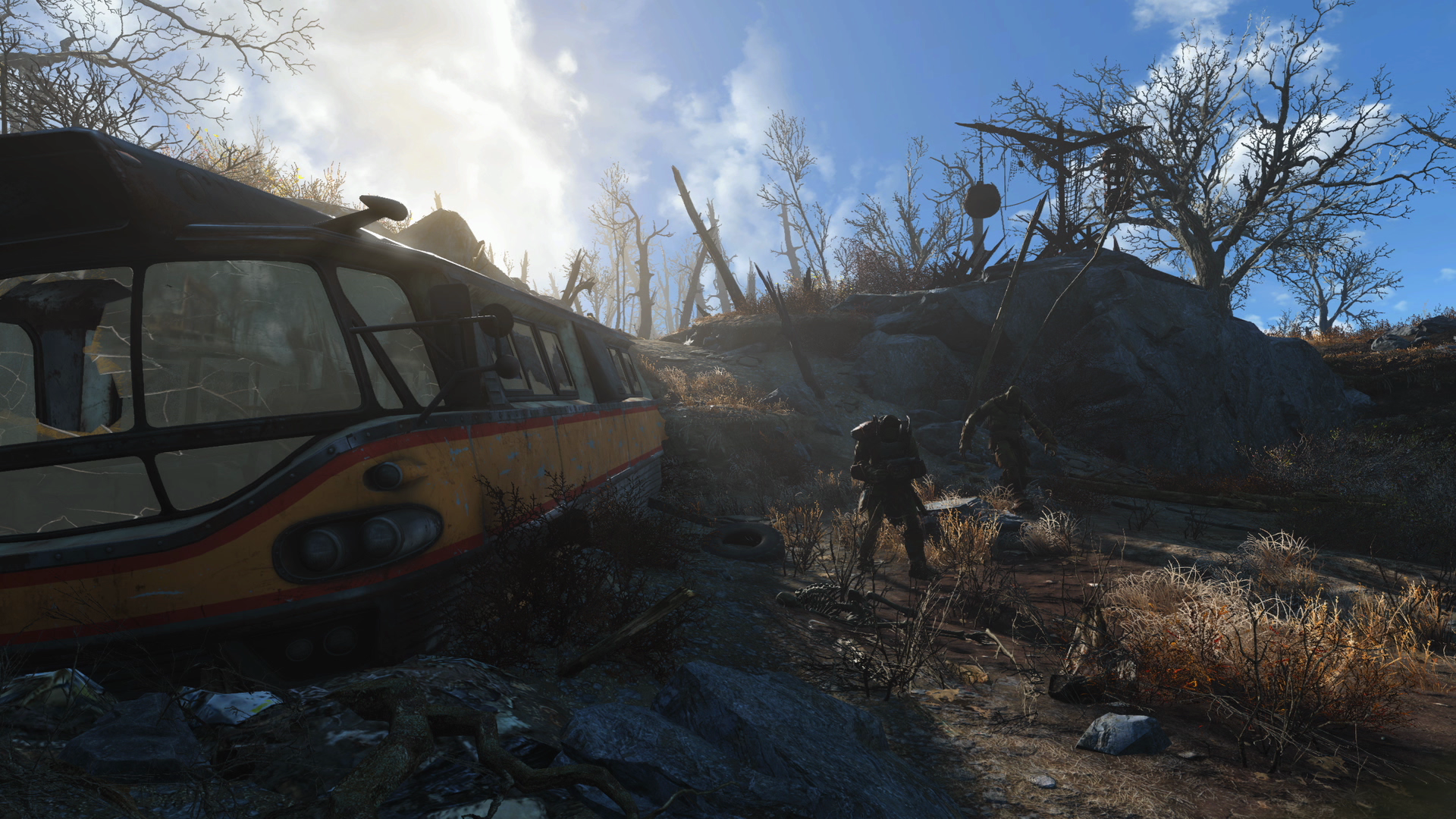 Fallout 4: Post-apocalyptic bus wreck with characters HD Wallpaper