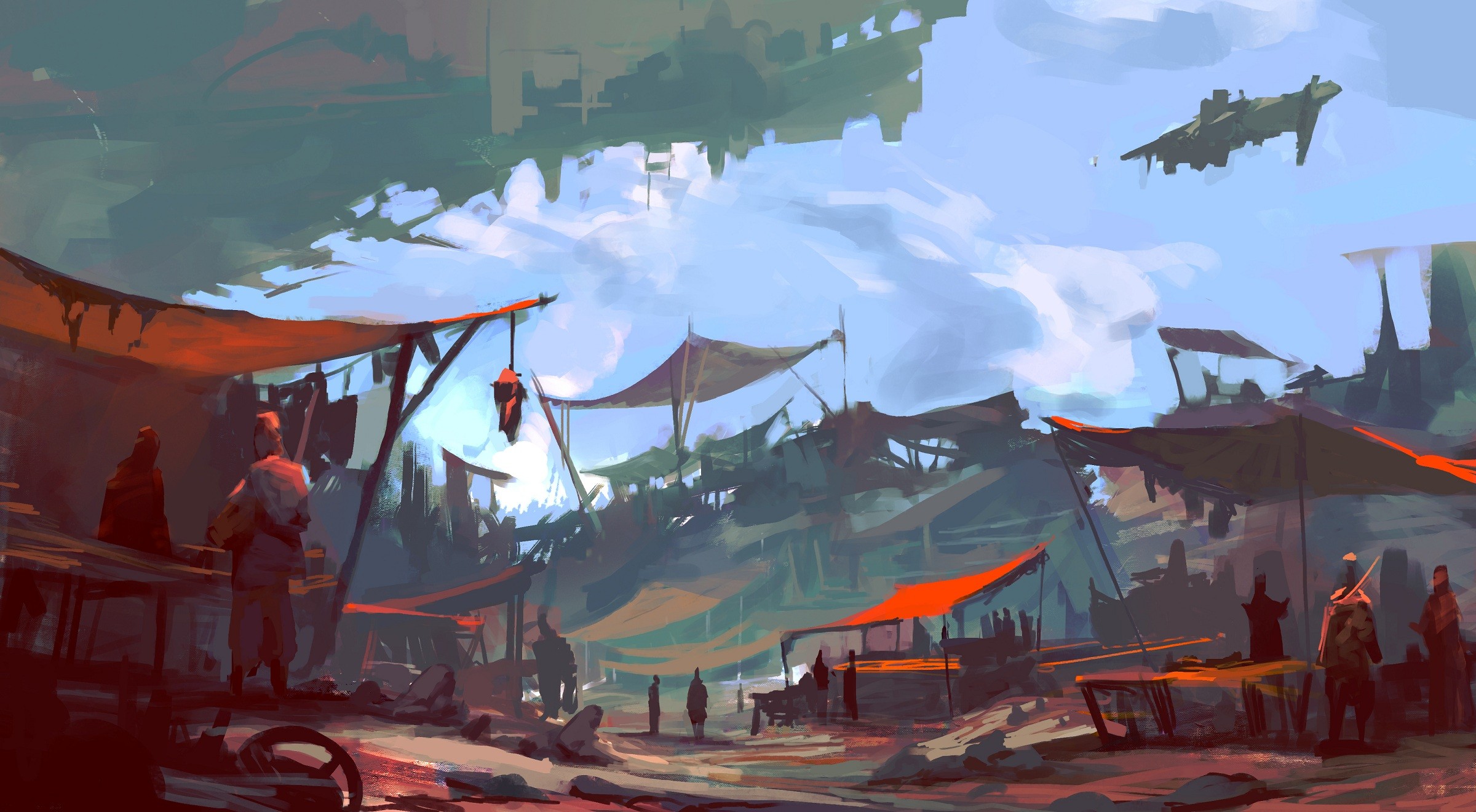 Science fiction market with flying vehicle HD Wallpaper