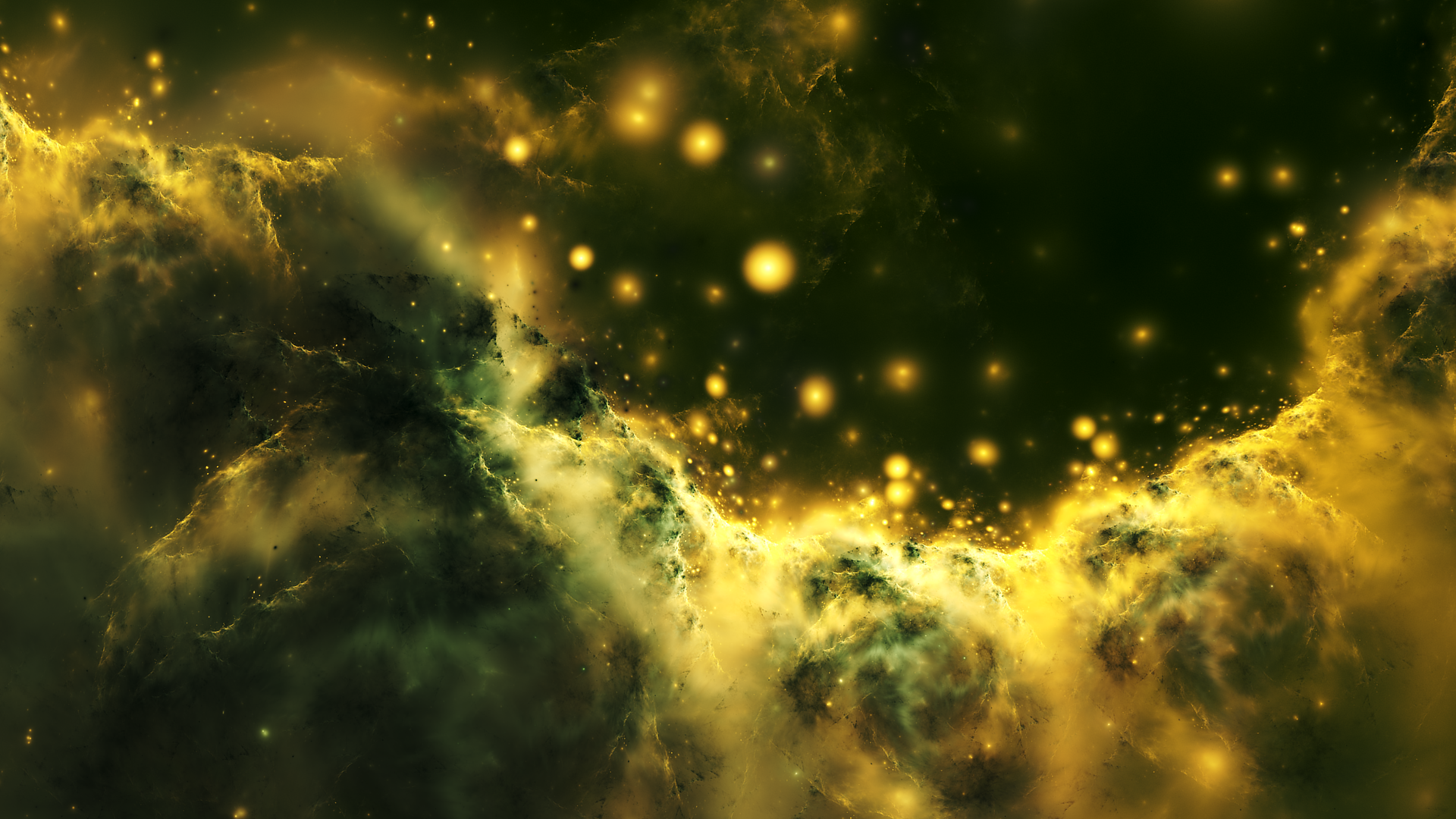 Abstract fractal nebula with golden bokeh lights HD Wallpaper