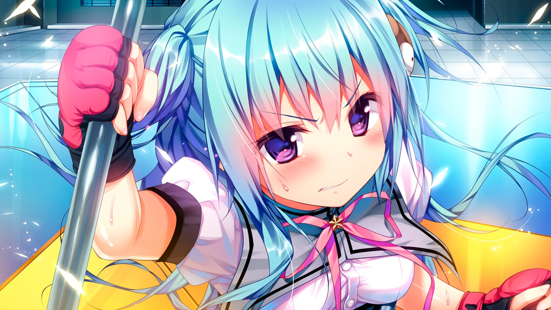 Anime girl with blue hair holding a pole HD Wallpaper