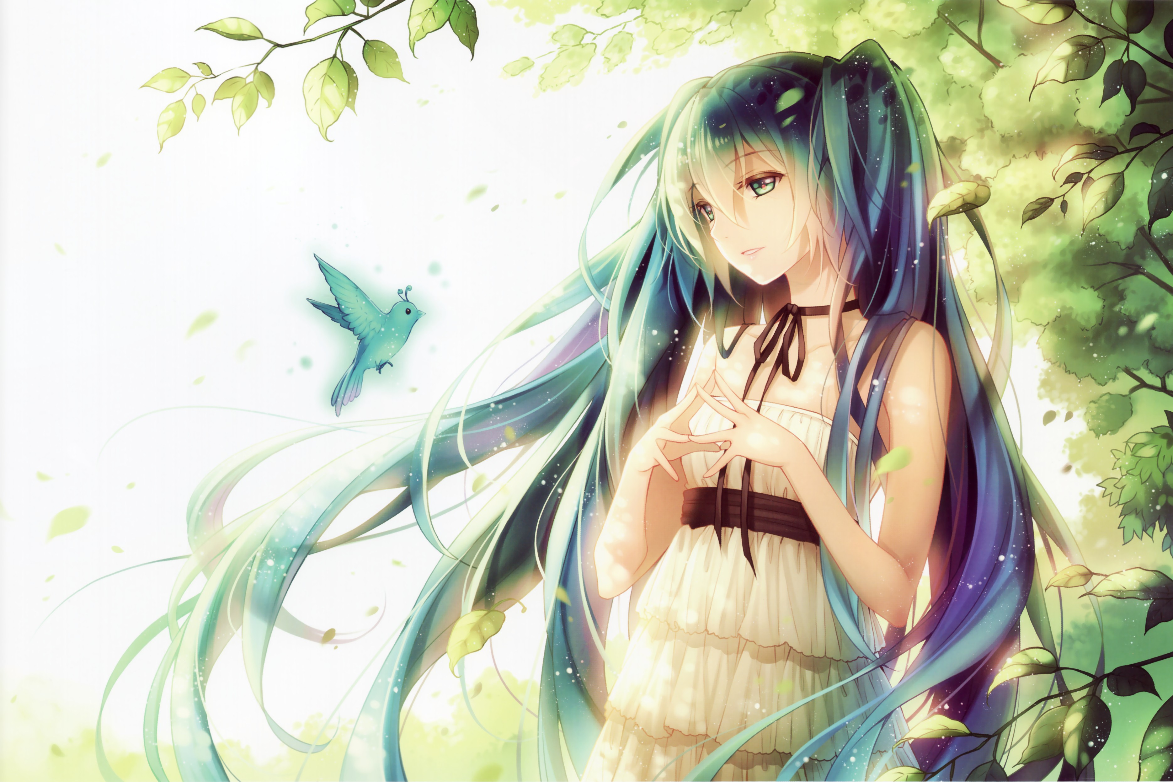 Hatsune Miku with a bird in a forest HD Wallpaper
