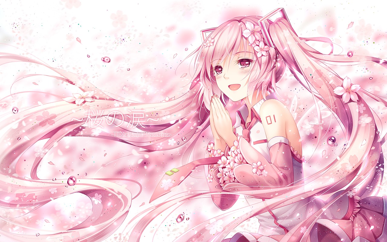 flower petals, crying, flower in hair, long hair, Sakura Miku, anime girls, neckties, Hatsune Miku, twintails, anime, Vocaloid HD Wallpaper