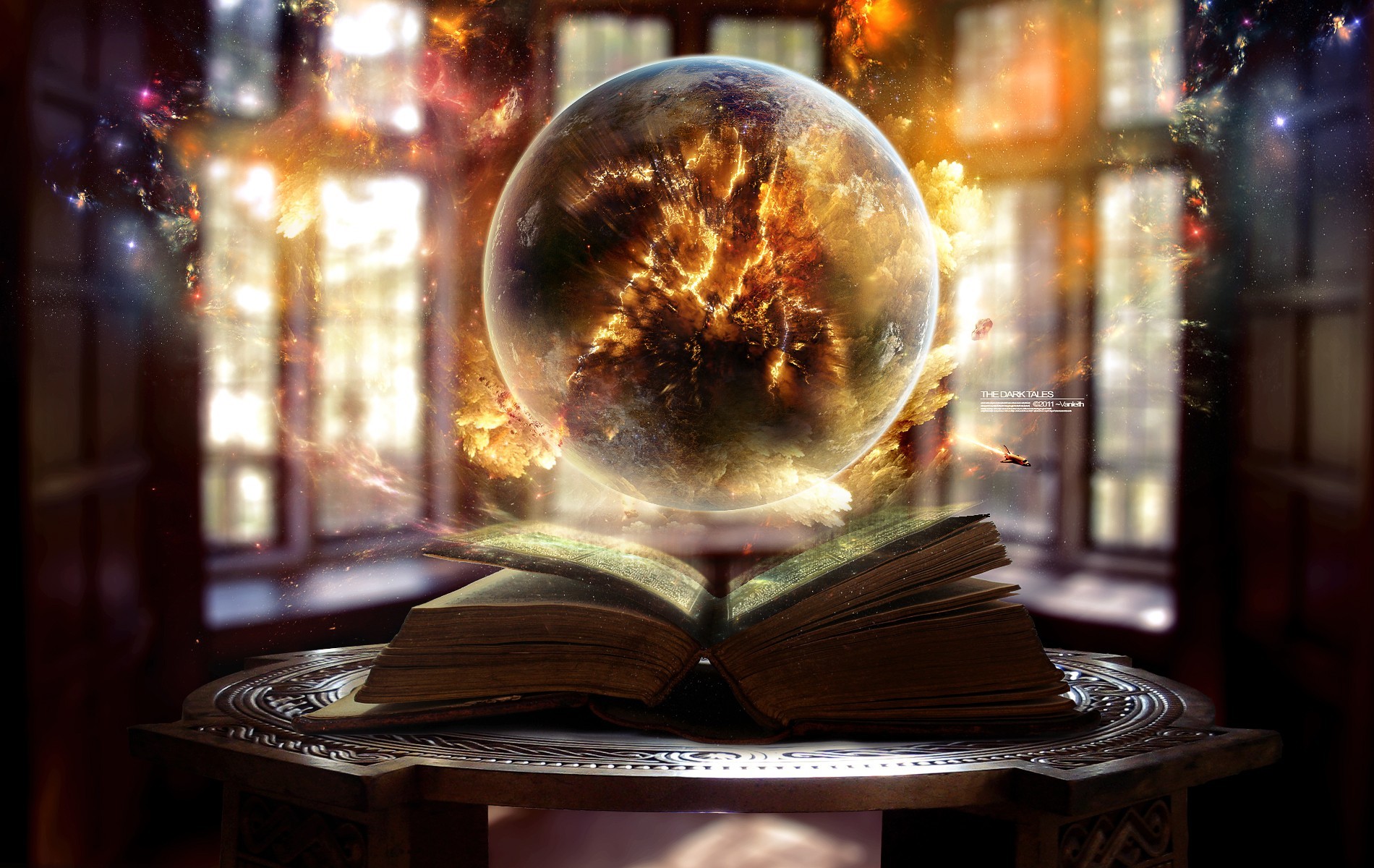 Fantasy art of a glowing planet emerging from a book HD Wallpaper