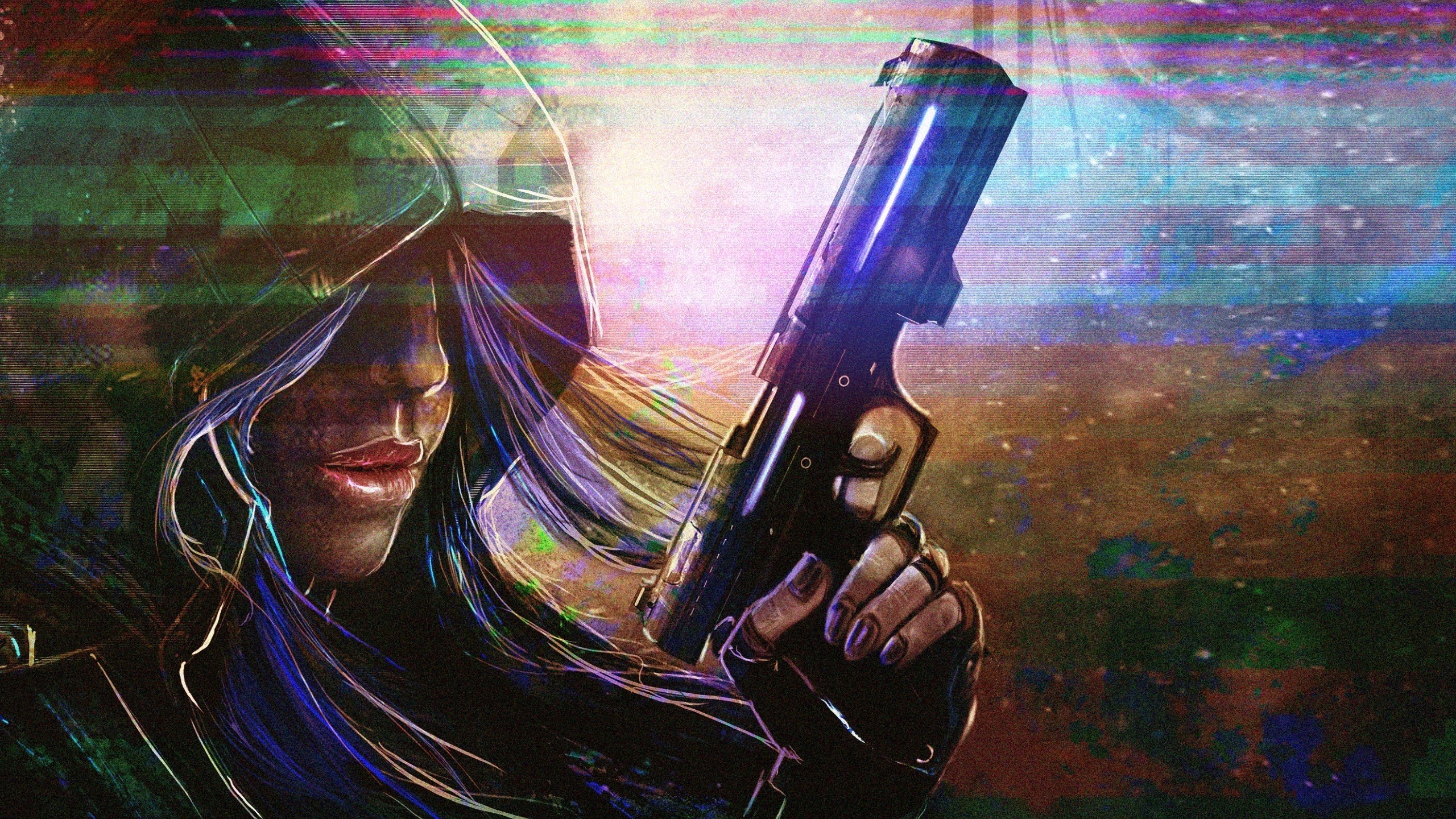 Artwork of a woman holding a futuristic gun HD Wallpaper