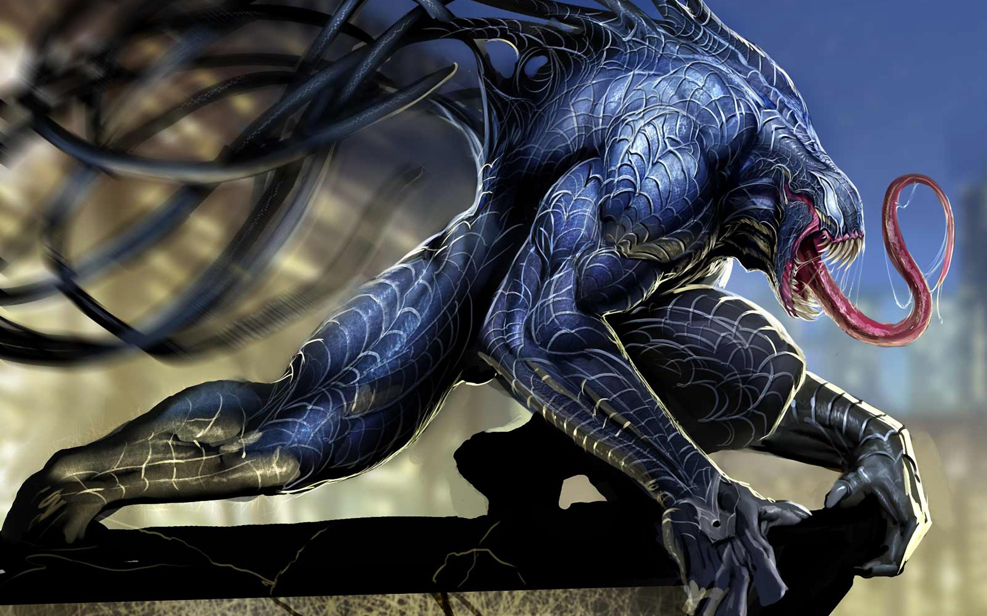 Venom from Marvel Comics crouches on a ledge HD Wallpaper