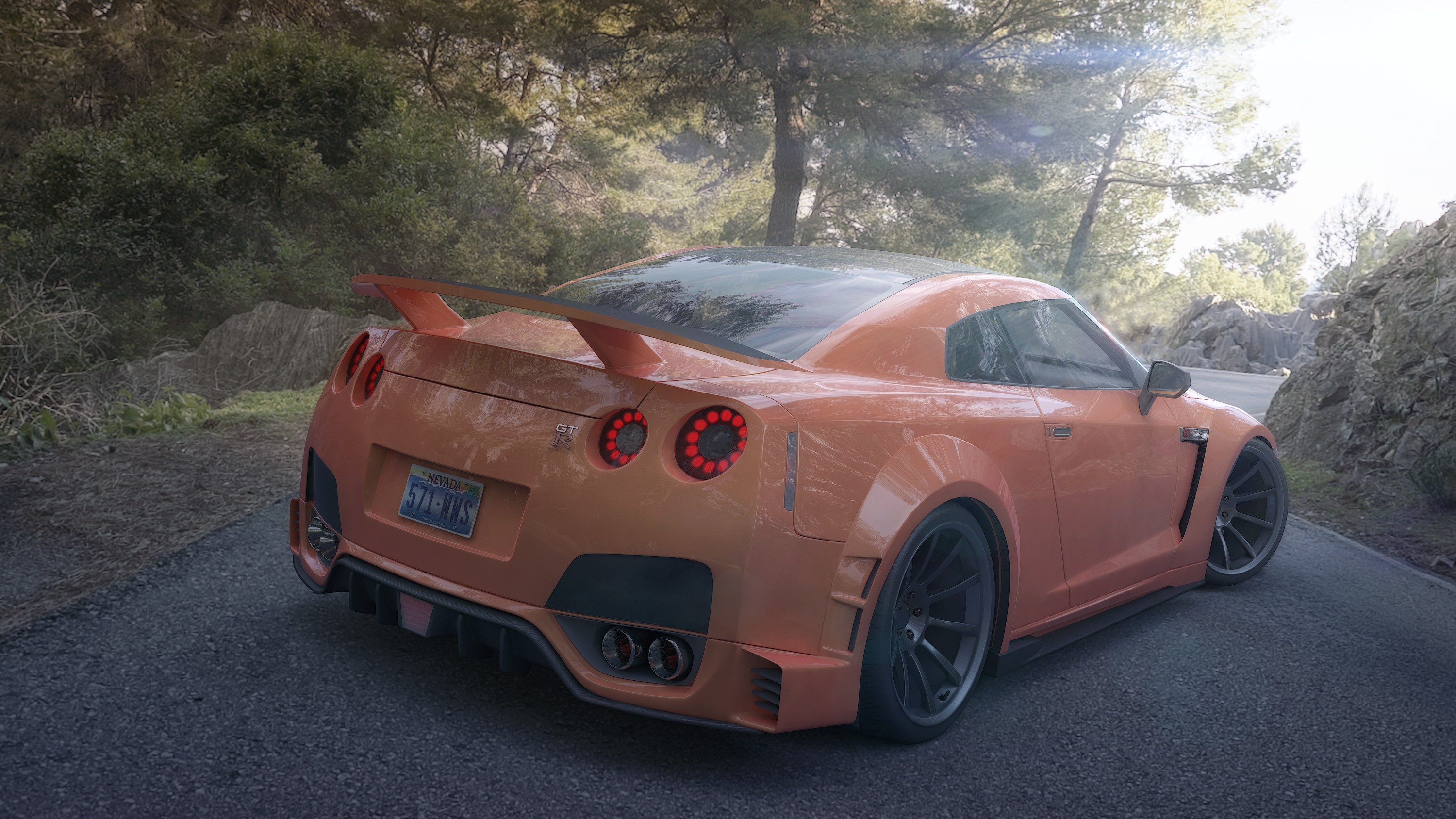 Orange Nissan GTR on a forest road HD Wallpaper