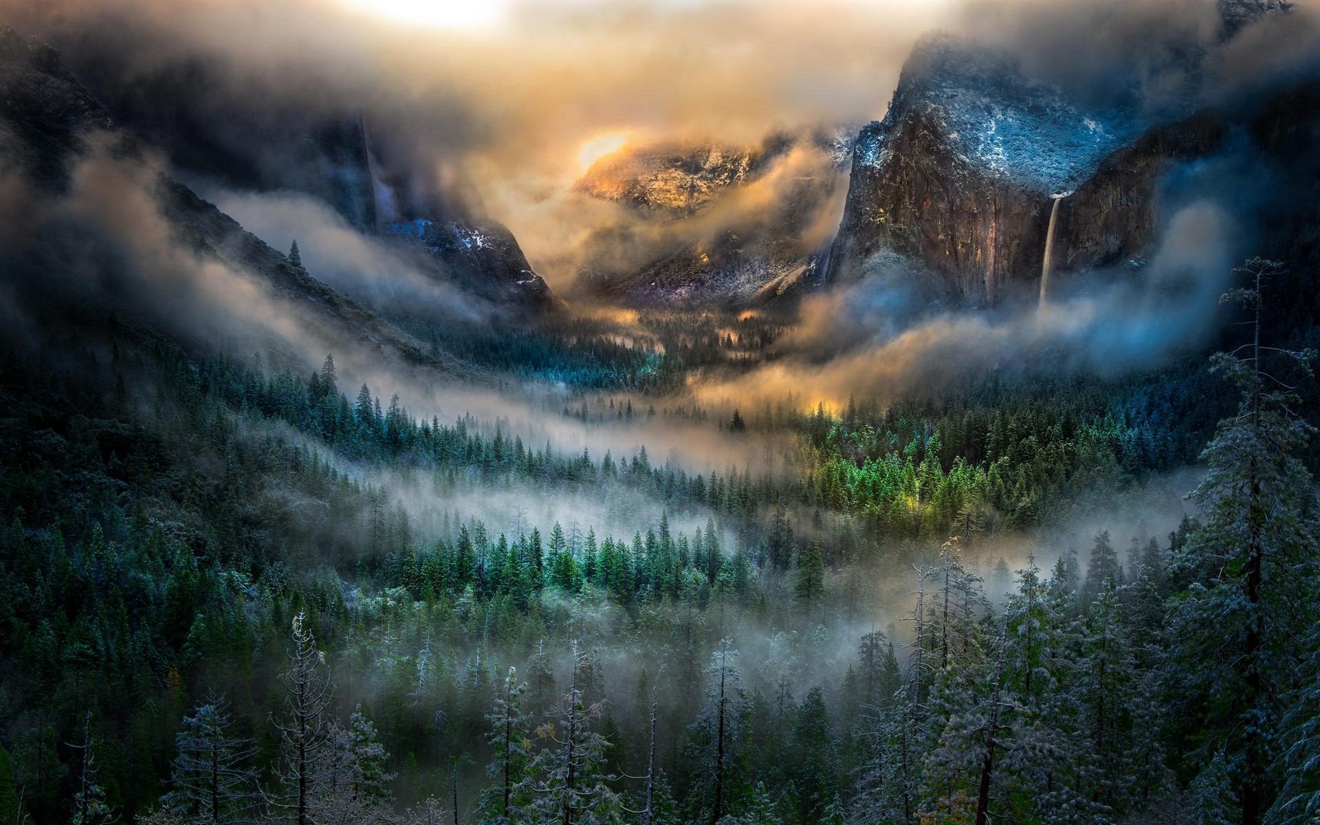 landscape, Yosemite Valley, mist, forest, sunlight, waterfall, mountains, nature, winter, tunnel HD Wallpaper