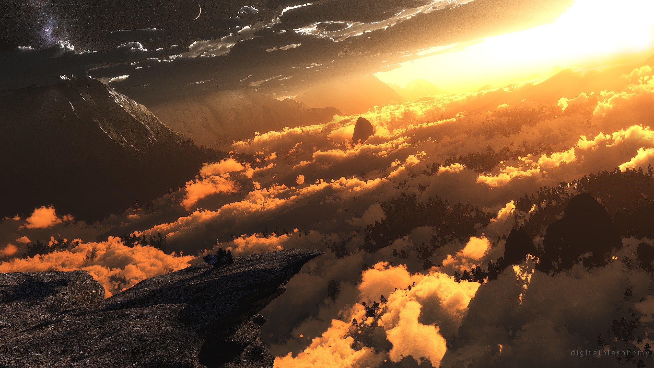 Fantasy landscape with mountains and clouds at sunset HD Wallpaper