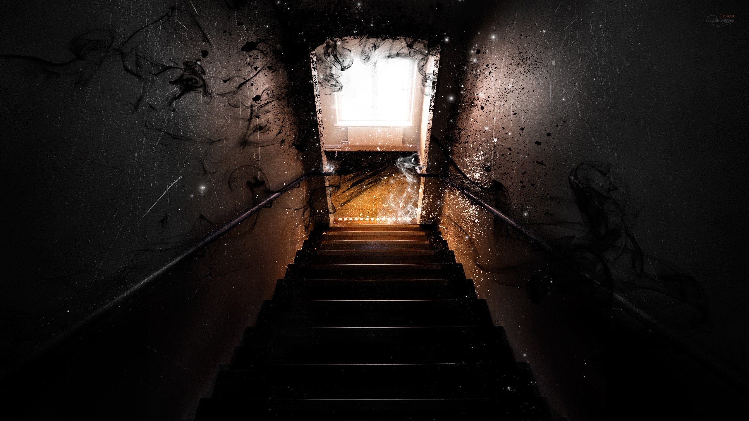 Dark stairs with smoke and light HD Wallpaper