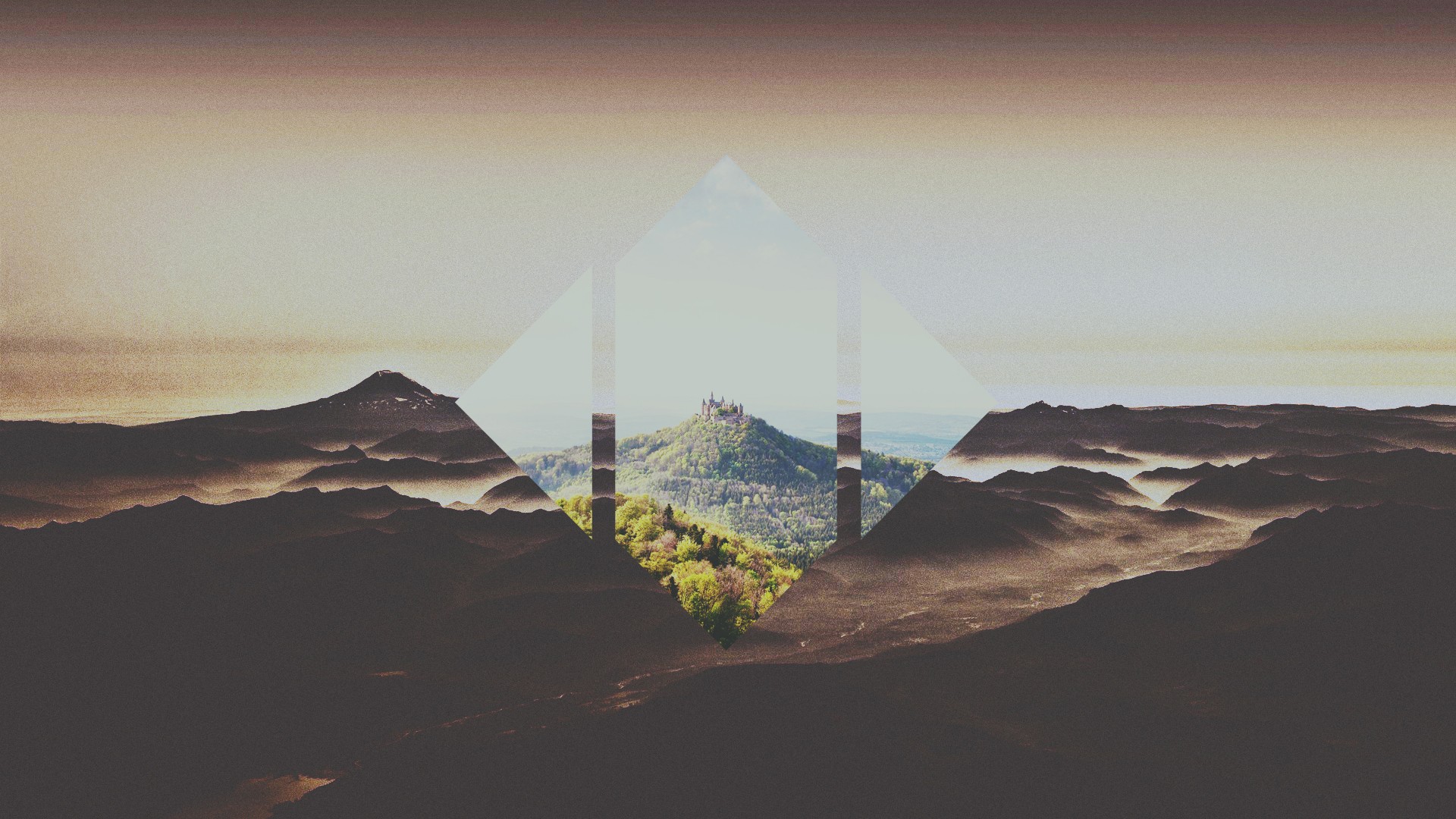 Abstract geometric overlay on mountain landscape with castle HD Wallpaper
