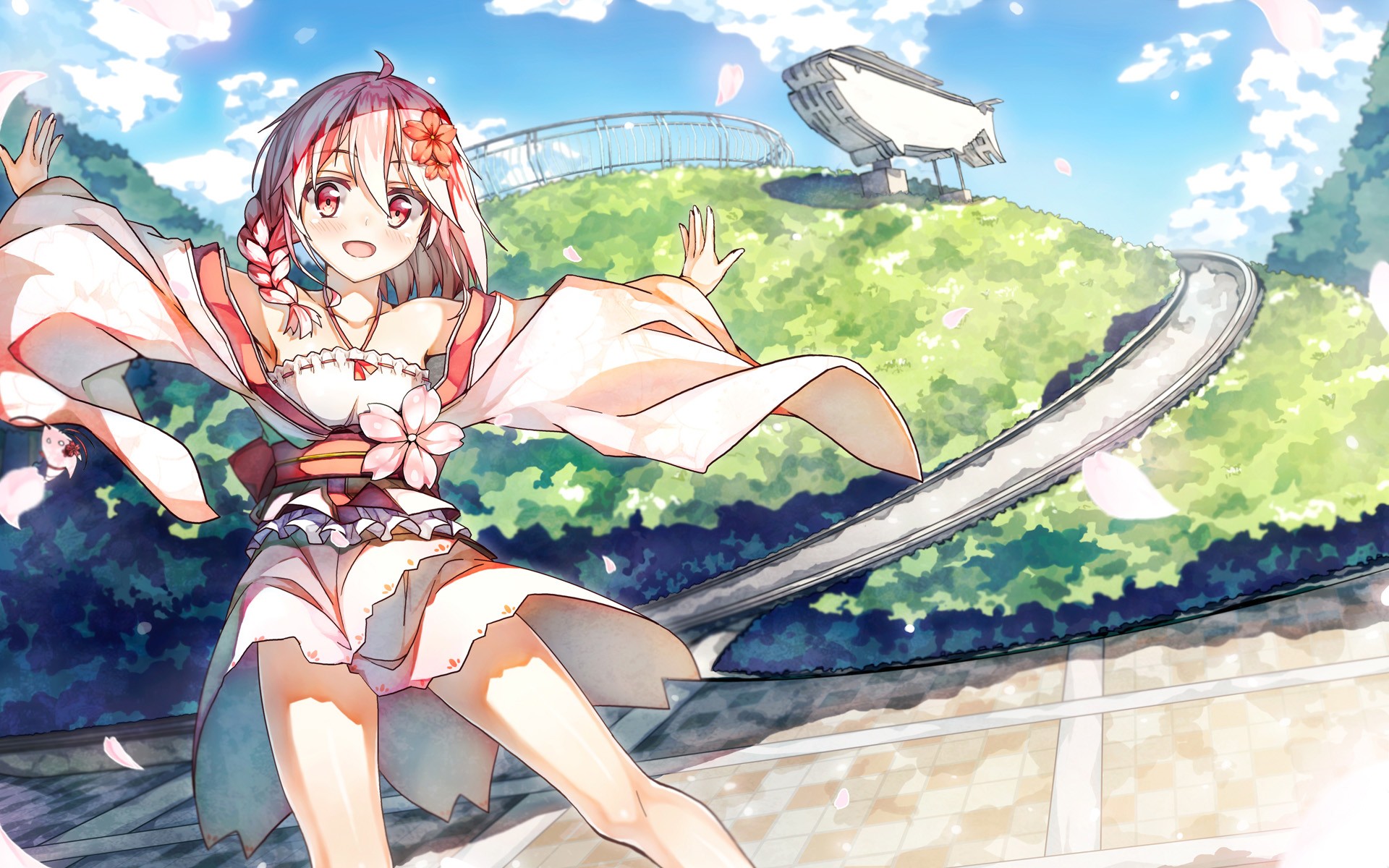 Anime girl in a kimono with cherry blossoms HD Wallpaper