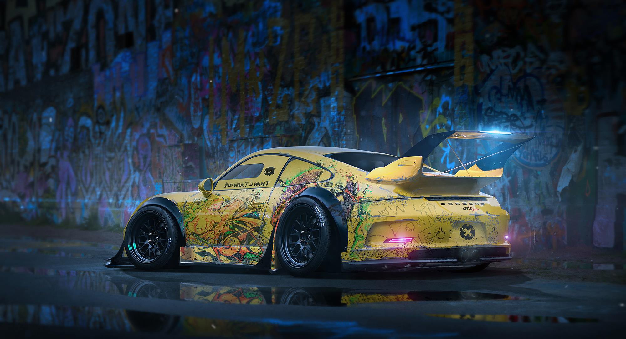 Yellow Porsche 911 GT3 with graffiti HD Wallpaper