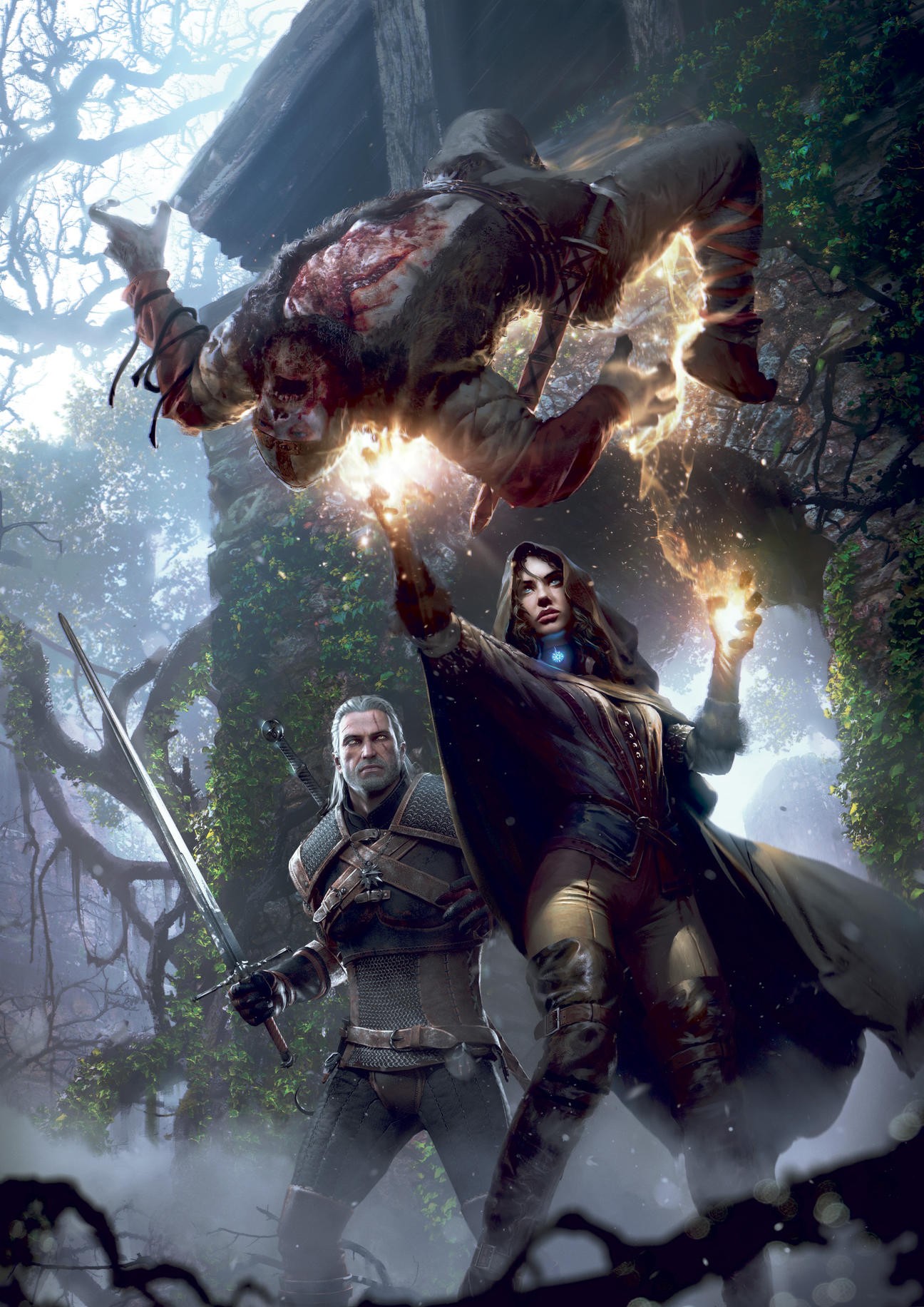 Geralt and Yennefer fighting a monster in The Witcher 3 HD Wallpaper