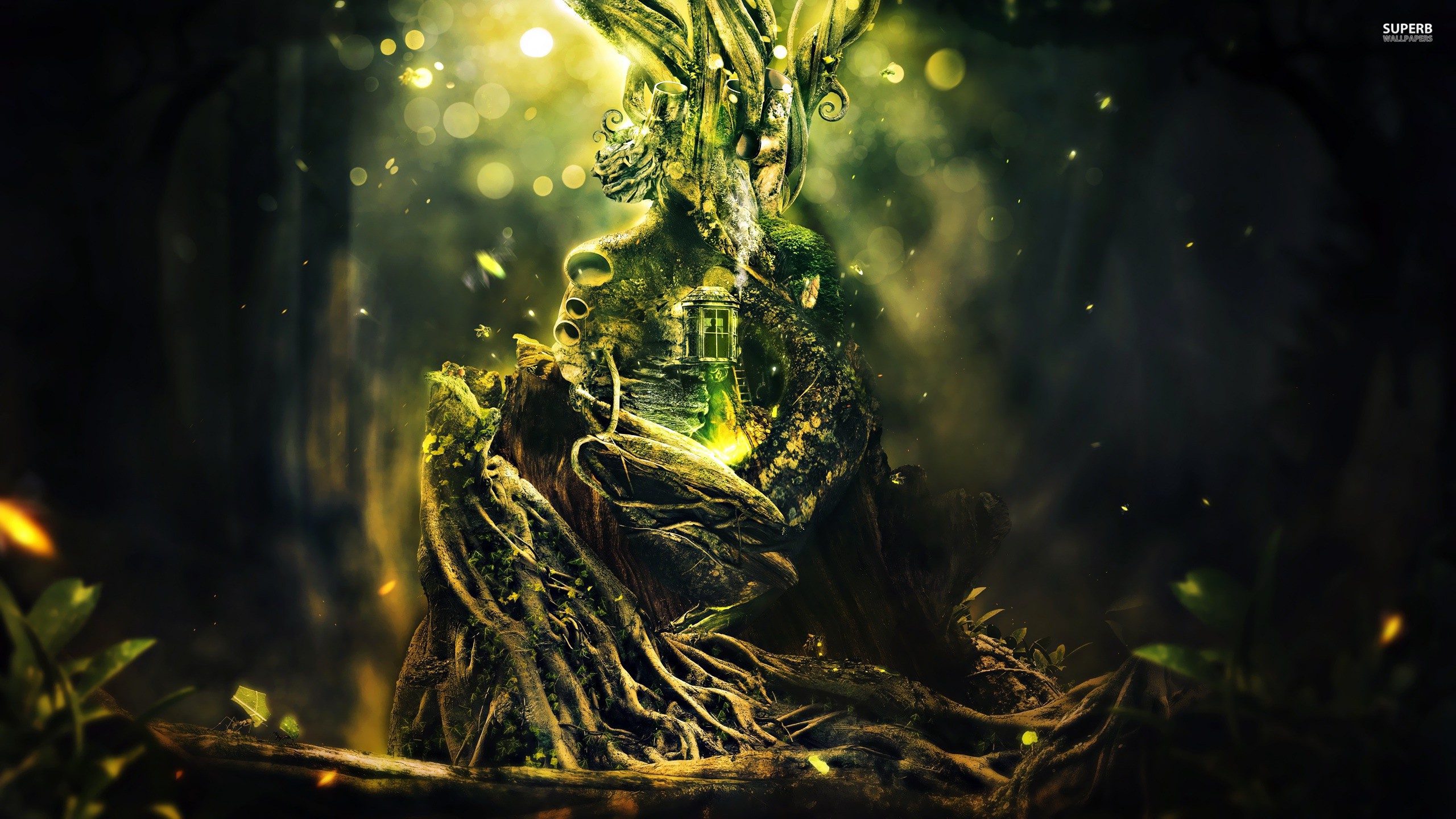 Fantasy forest spirit with a house in its chest HD Wallpaper