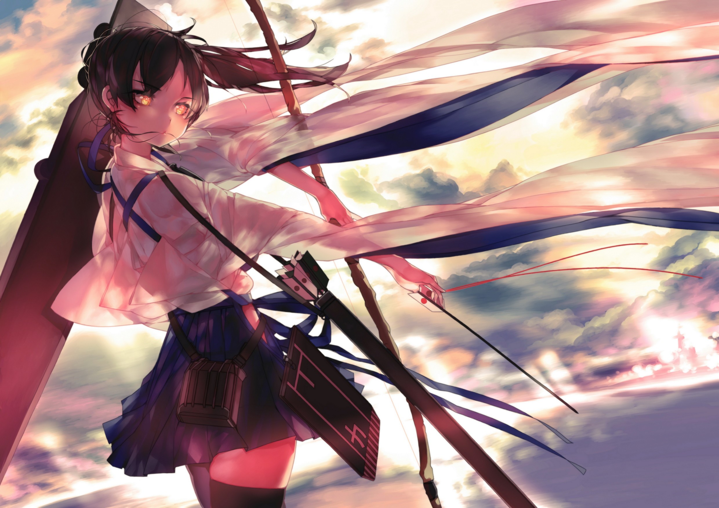 Kaga from Kantai Collection with a bow and arrow HD Wallpaper