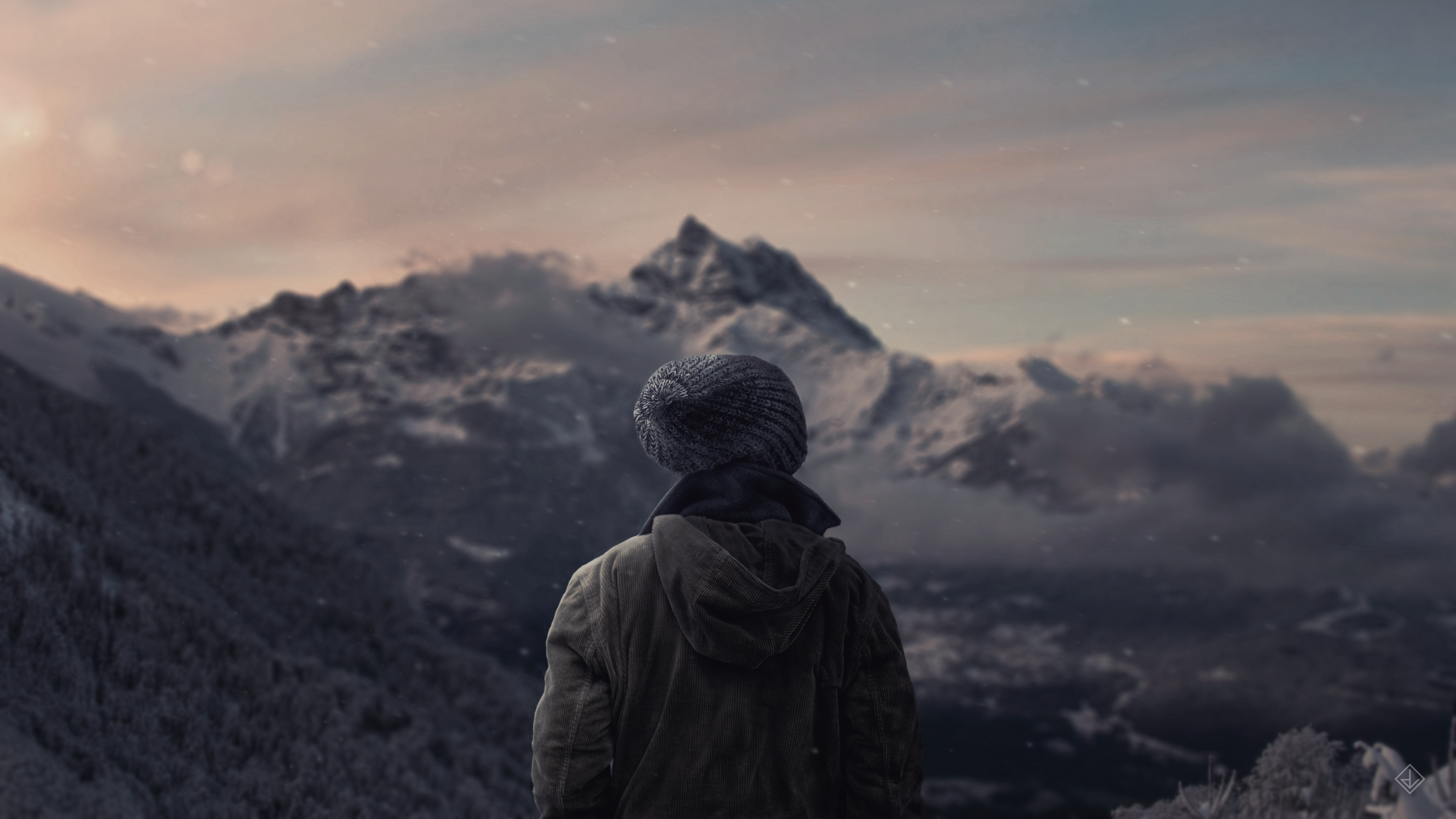 Person in winter hat looking at snowy mountains HD Wallpaper