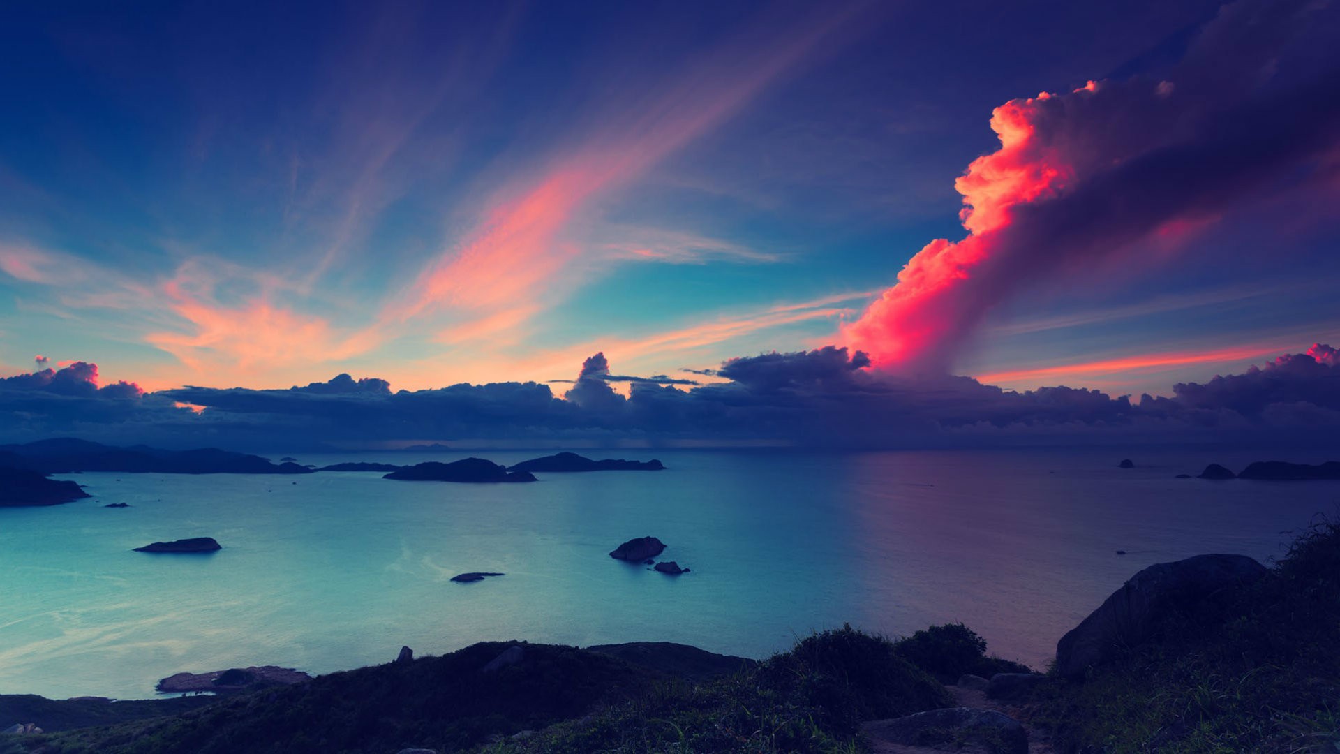 Sunset over islands and ocean HD Wallpaper