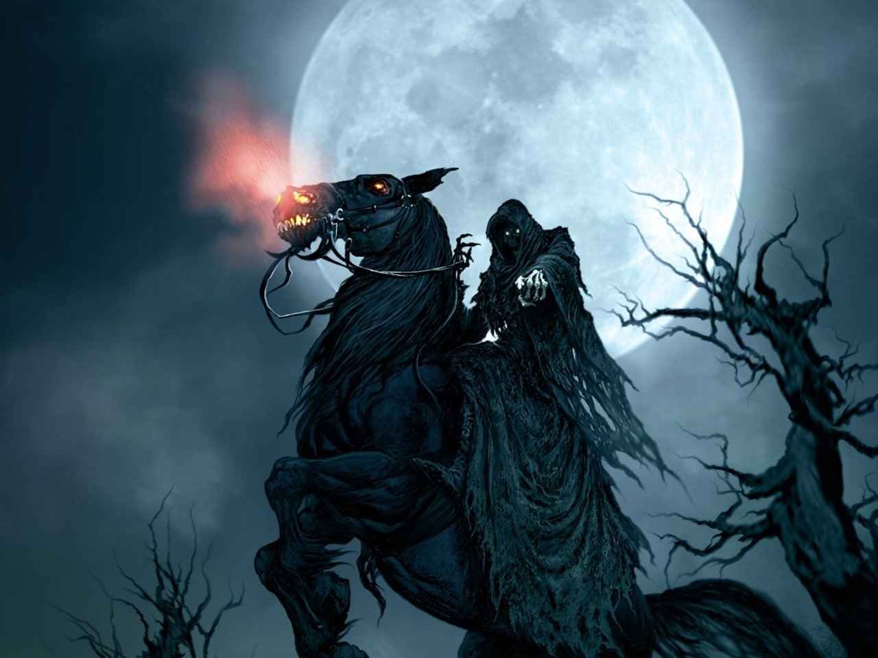 Death on a black horse under a full moon HD Wallpaper