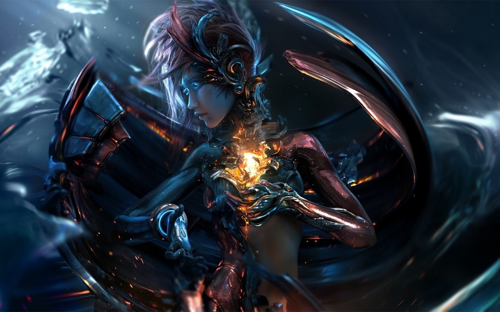 Mecha girl with glowing chest and mechanical wings HD Wallpaper