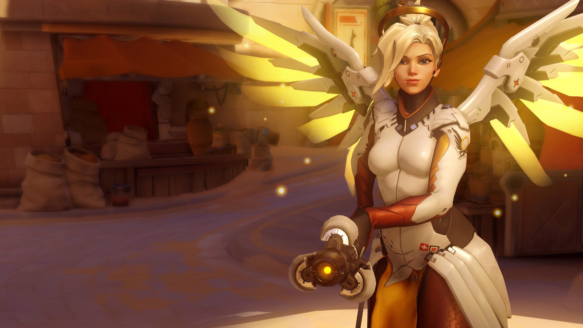 Mercy from Overwatch in a desert marketplace HD Wallpaper