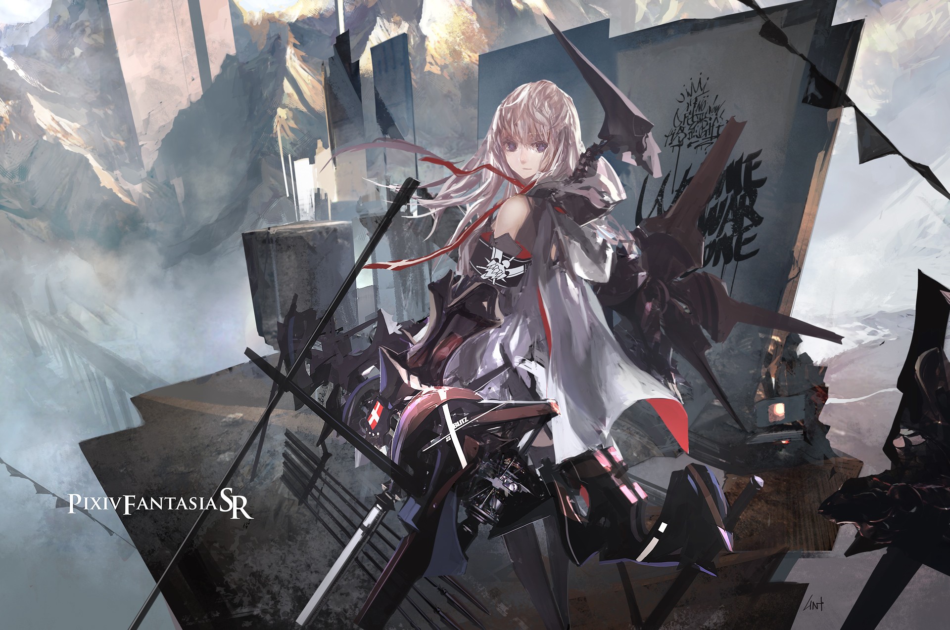 Pixiv Fantasia SR: A girl with a weapon in a ruined landscape HD Wallpaper