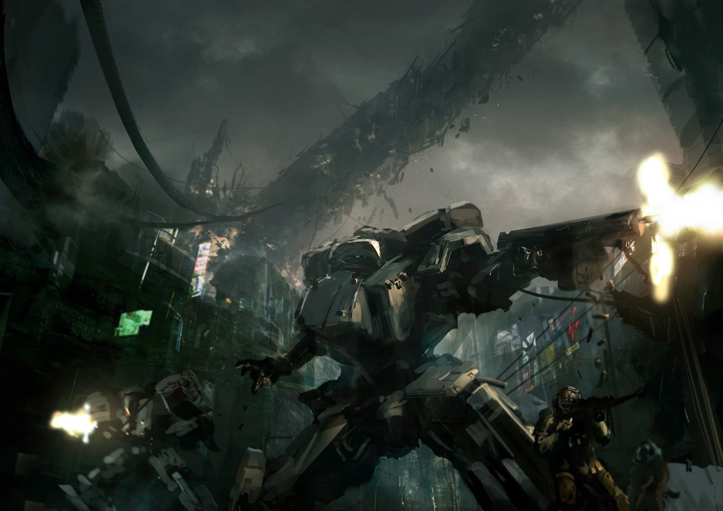 Front Mission mech battle in a destroyed city HD Wallpaper