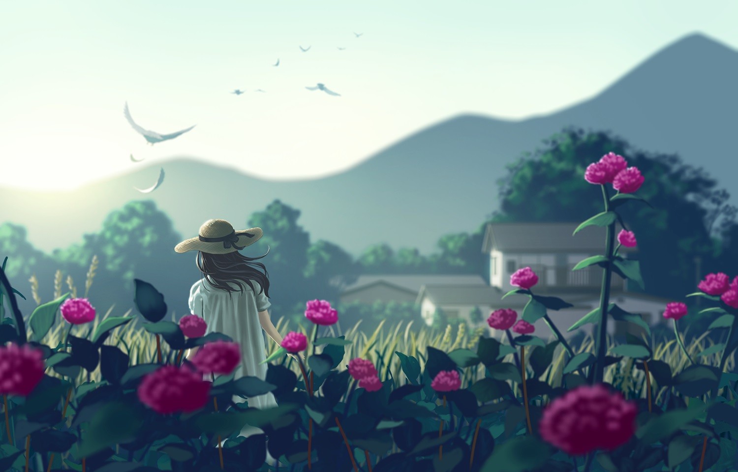 Anime girl in a straw hat in a field of flowers HD Wallpaper