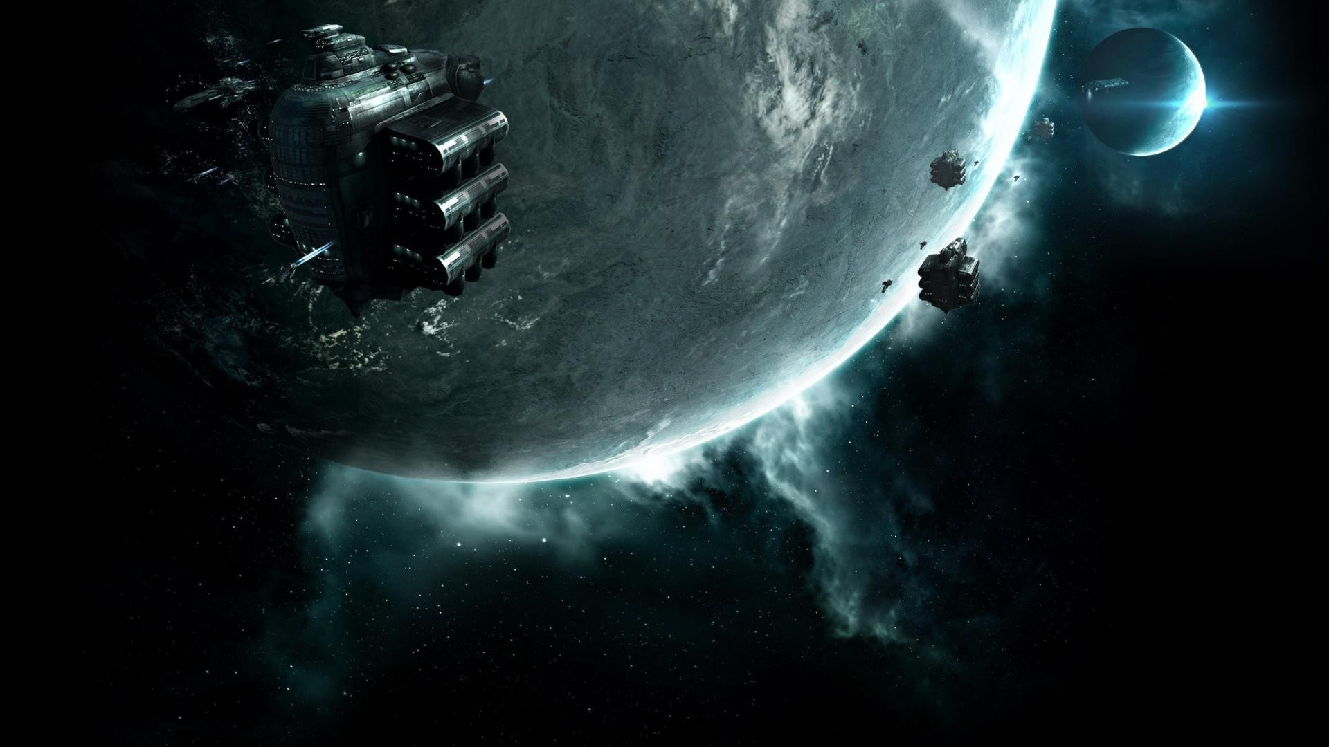 EVE Online spaceship near a planet and moon HD Wallpaper