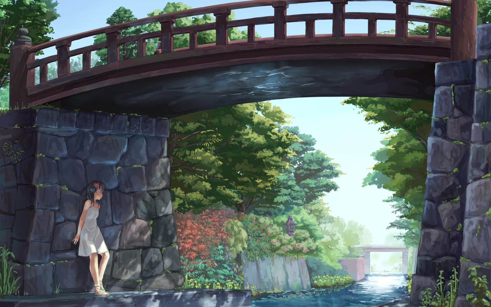 Girl in white dress under a wooden bridge HD Wallpaper