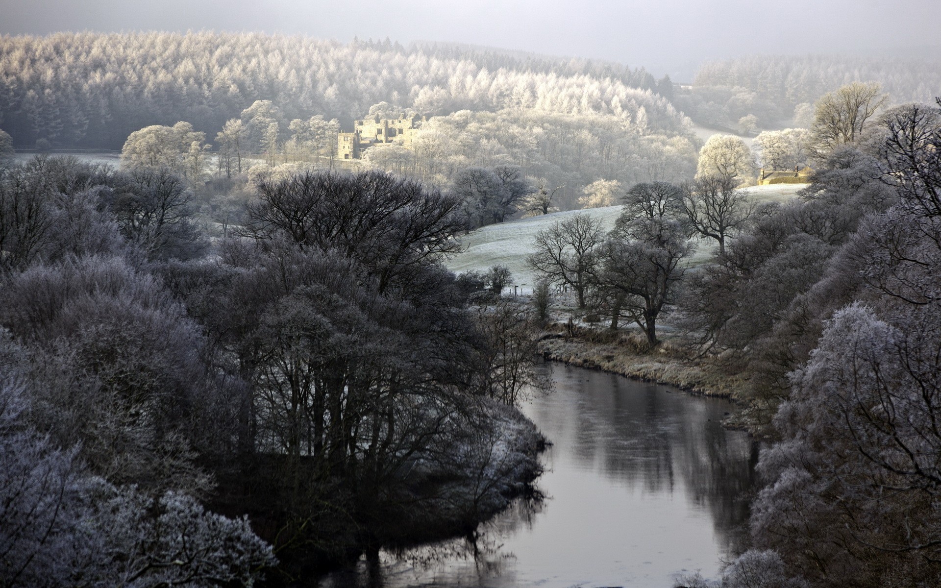 Winter landscape with a river and a castle ruin HD Wallpaper