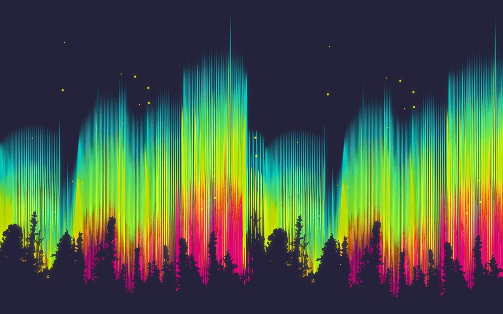 Aurora Borealis over a dark forest silhouette HD Wallpaper