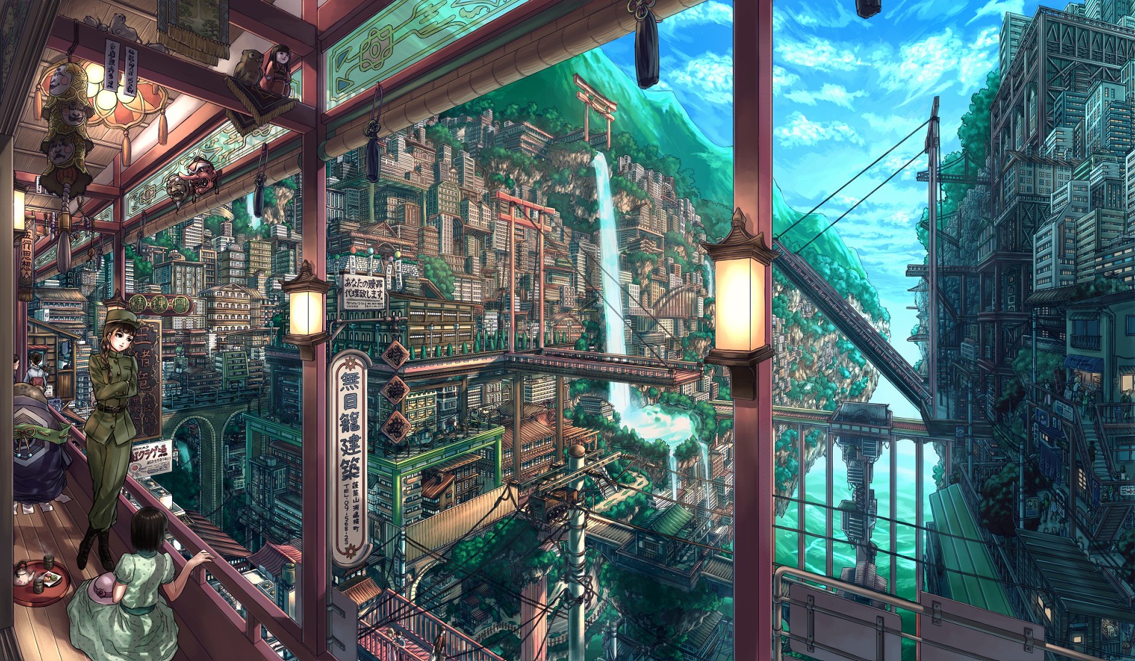 Anime city with waterfalls and torii gates HD Wallpaper