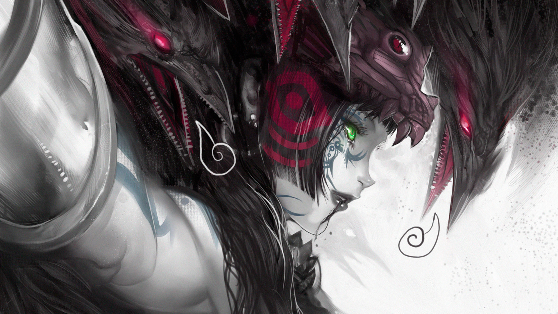 Anime girl with dragon-like headdress and green eyes HD Wallpaper