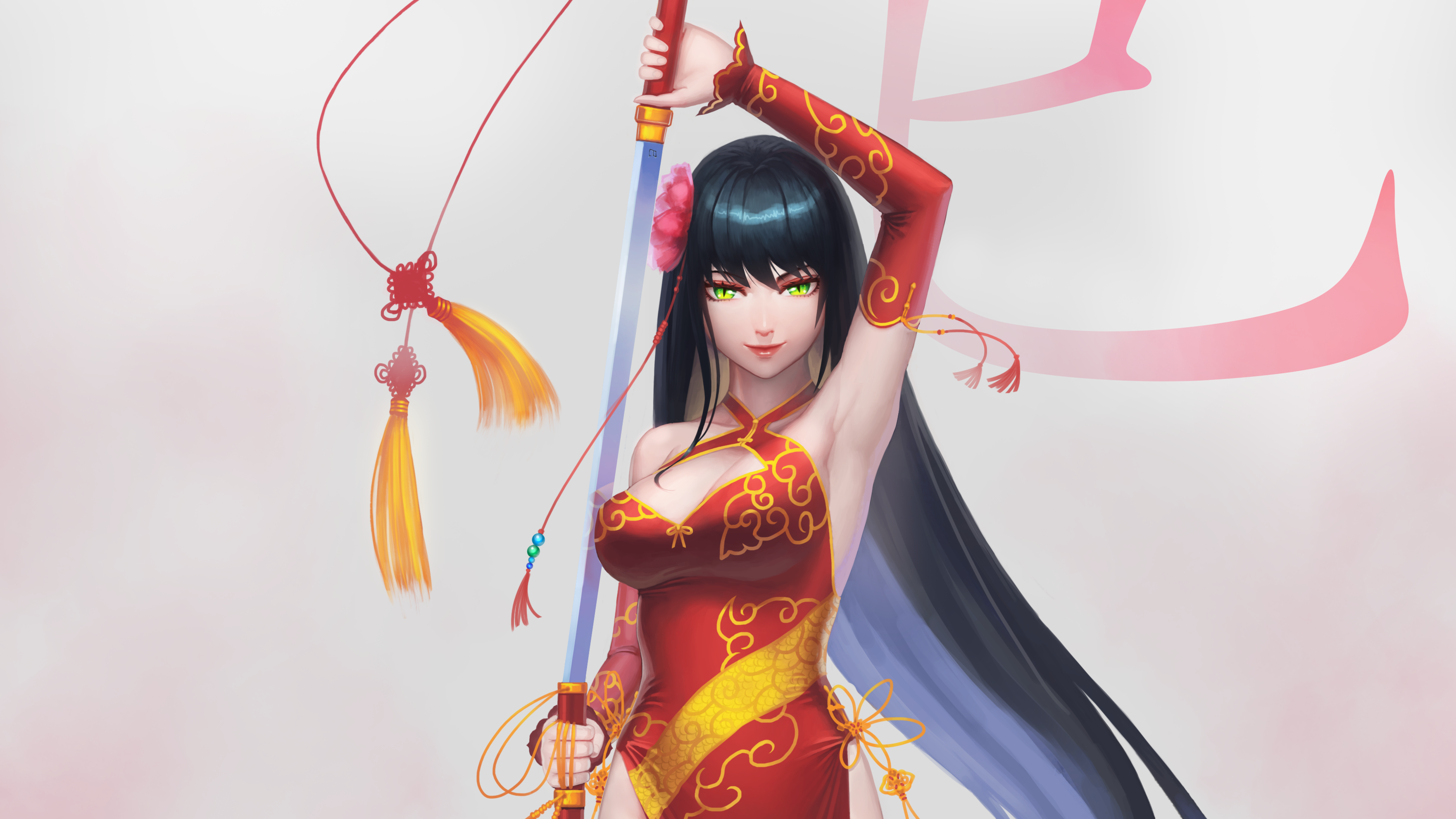 Anime girl in red dress holding a sword HD Wallpaper