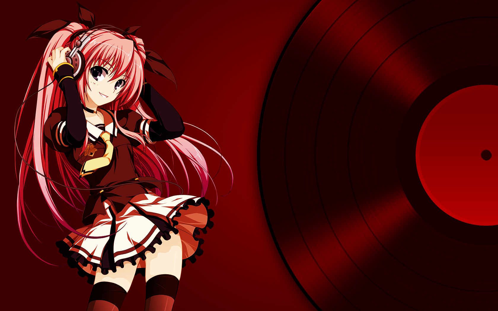Anime girl with pink hair listening to music HD Wallpaper