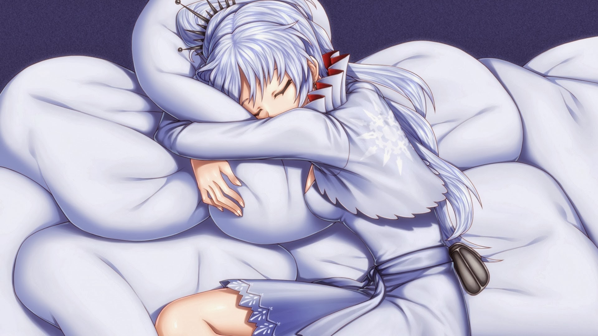 Weiss Schnee sleeping on a pile of white pillows HD Wallpaper