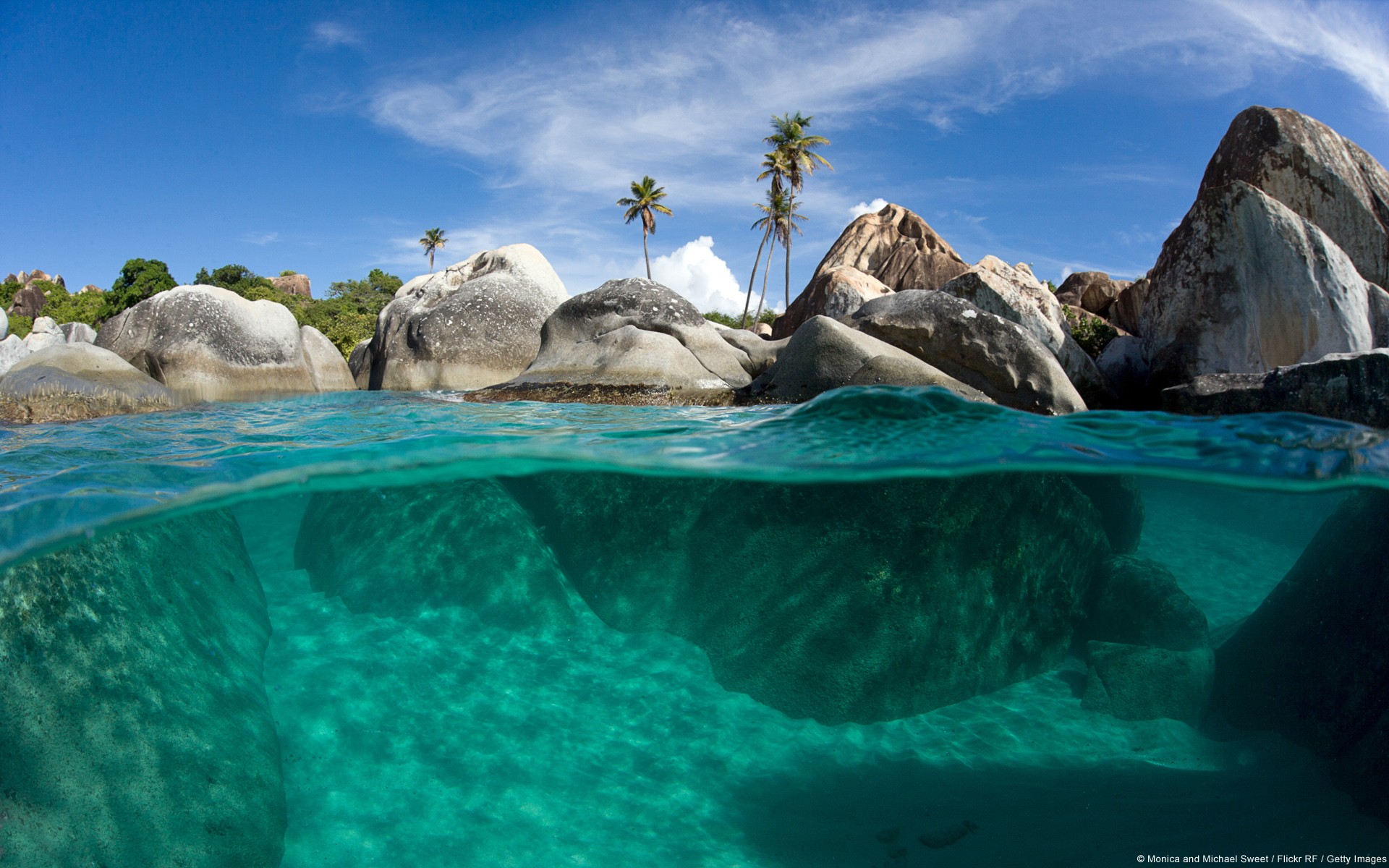 Split view of The Baths, Virgin Gorda, British Virgin Islands HD Wallpaper