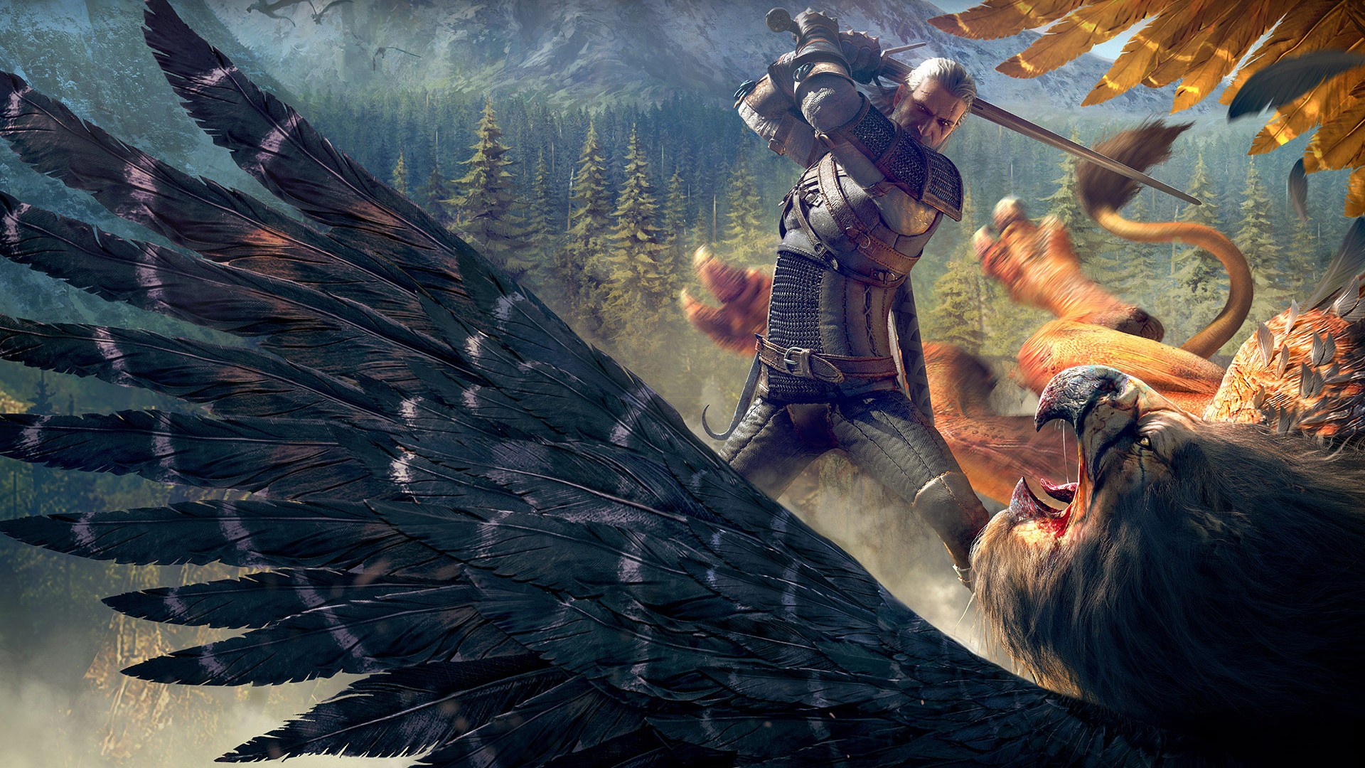 Geralt of Rivia fighting a Griffin in The Witcher 3 HD Wallpaper