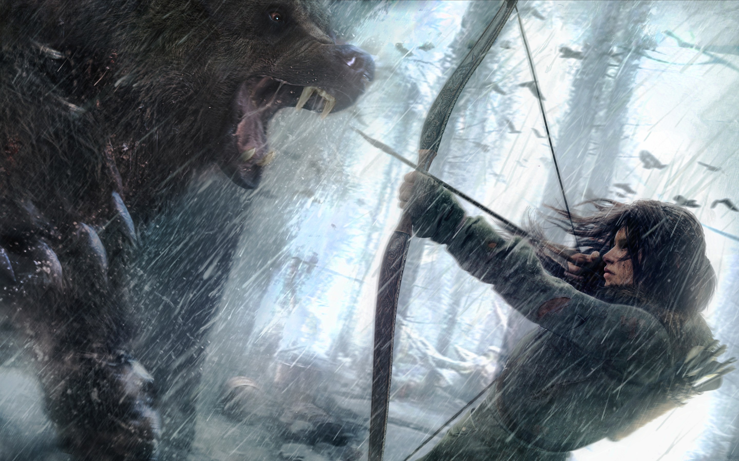 Lara Croft fights a bear in Rise of the Tomb Raider HD Wallpaper
