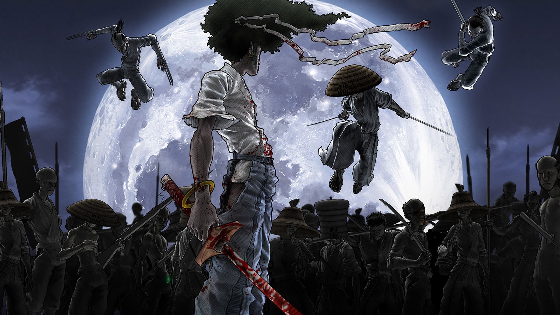 Afro Samurai and enemies fight under a large moon HD Wallpaper